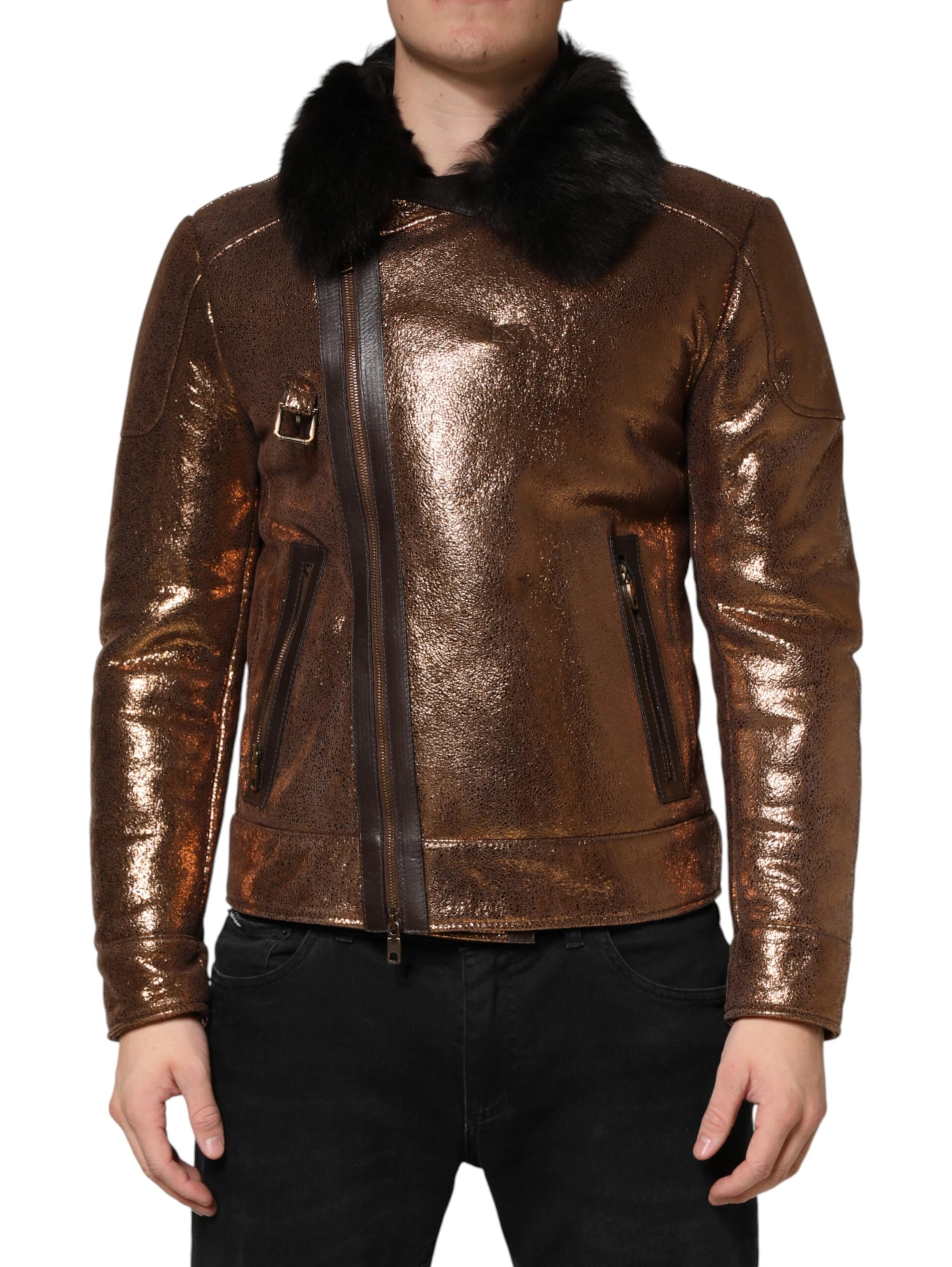 Bronze Leather Fur Full Zip Men Biker Jacket