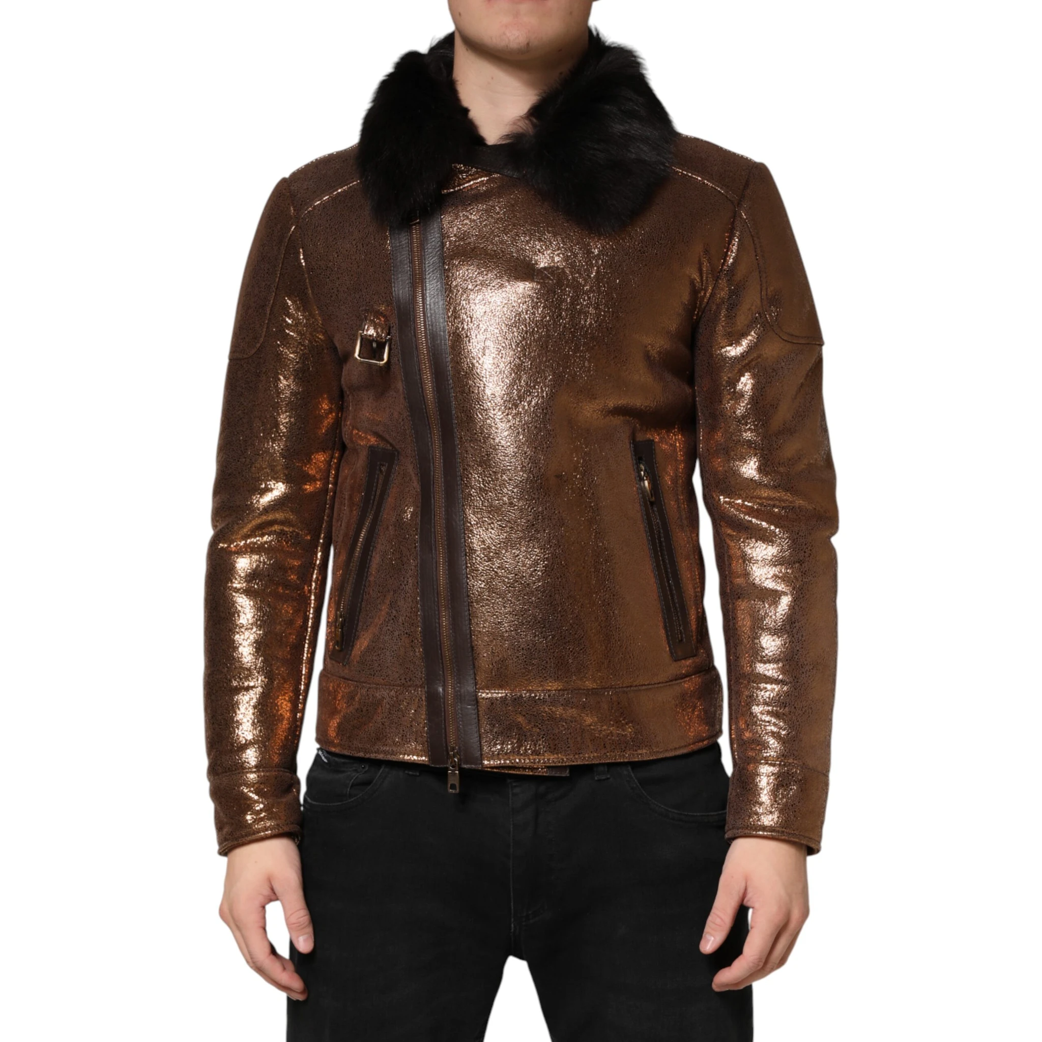 Bronze Leather Fur Full Zip Men Biker Jacket