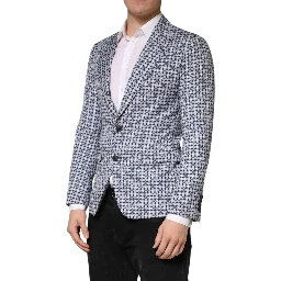 Blue Cotton Patterned Single Breasted Blazer