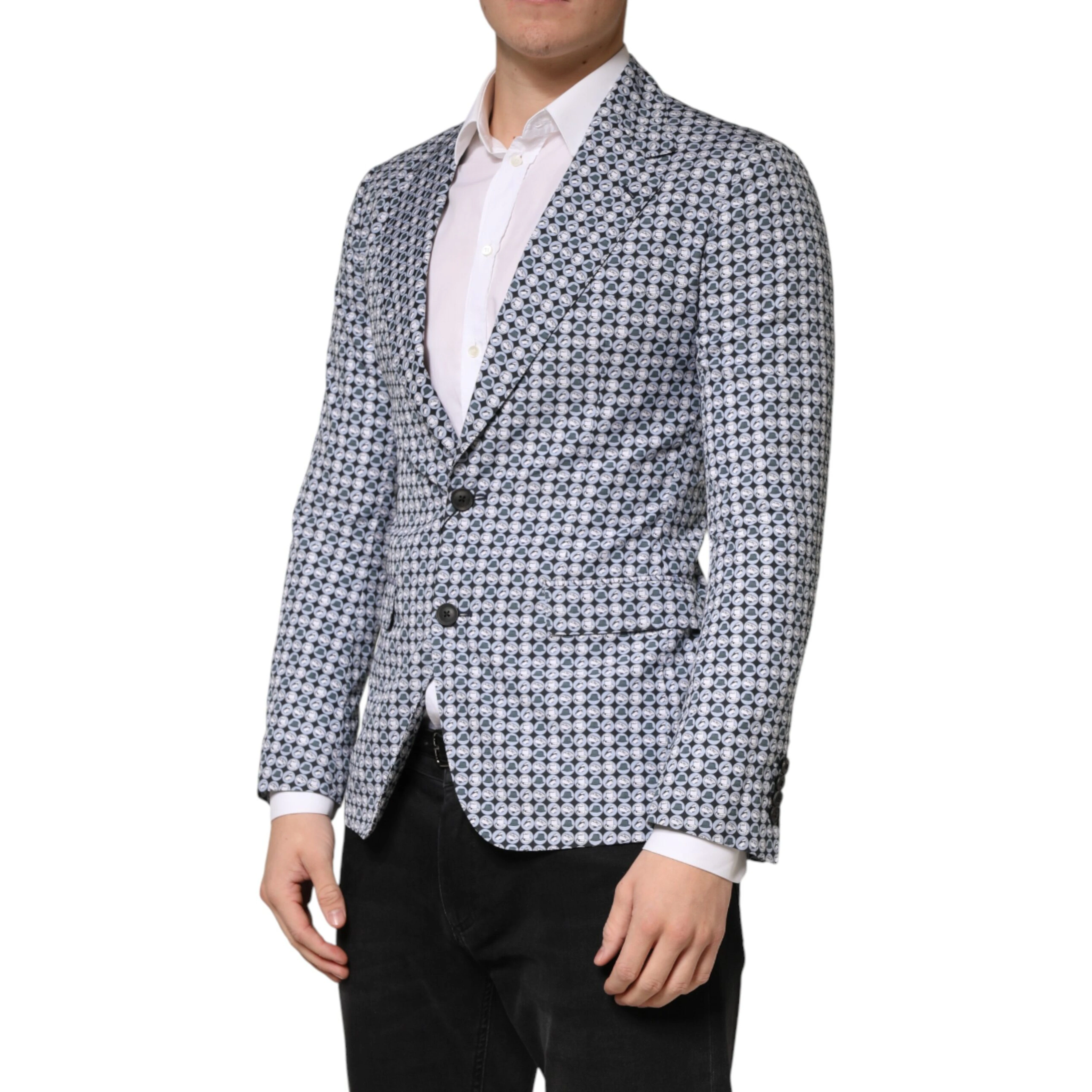 Blue Cotton Patterned Single Breasted Blazer