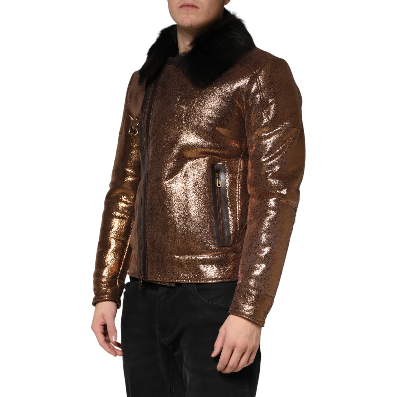 Bronze Leather Fur Full Zip Men Biker Jacket