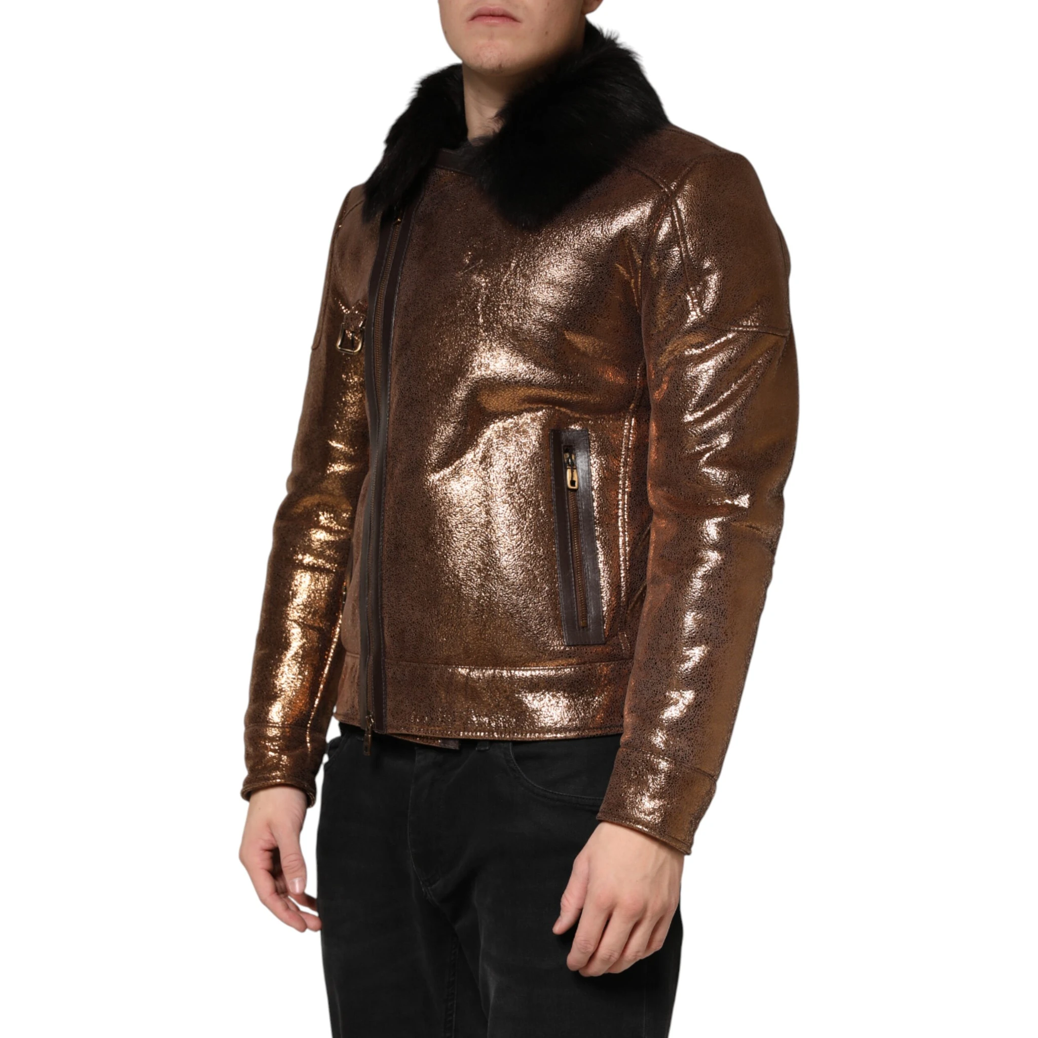 Bronze Leather Fur Full Zip Men Biker Jacket