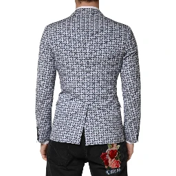 Blue Cotton Patterned Single Breasted Blazer