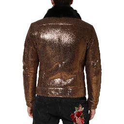 Bronze Leather Fur Full Zip Men Biker Jacket
