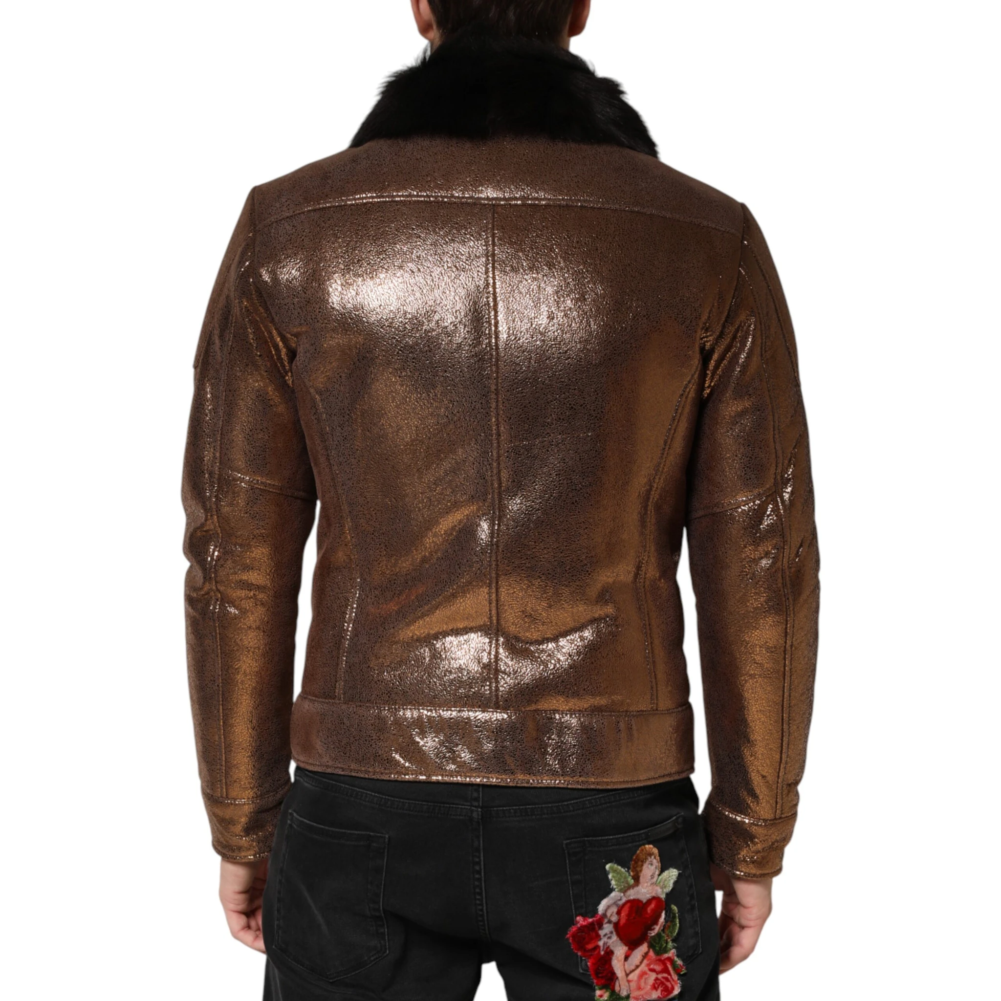 Bronze Leather Fur Full Zip Men Biker Jacket