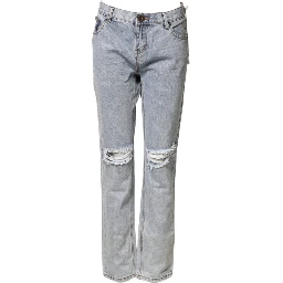 Light Blue Tattered Mid Waist Straight Denim Jeans