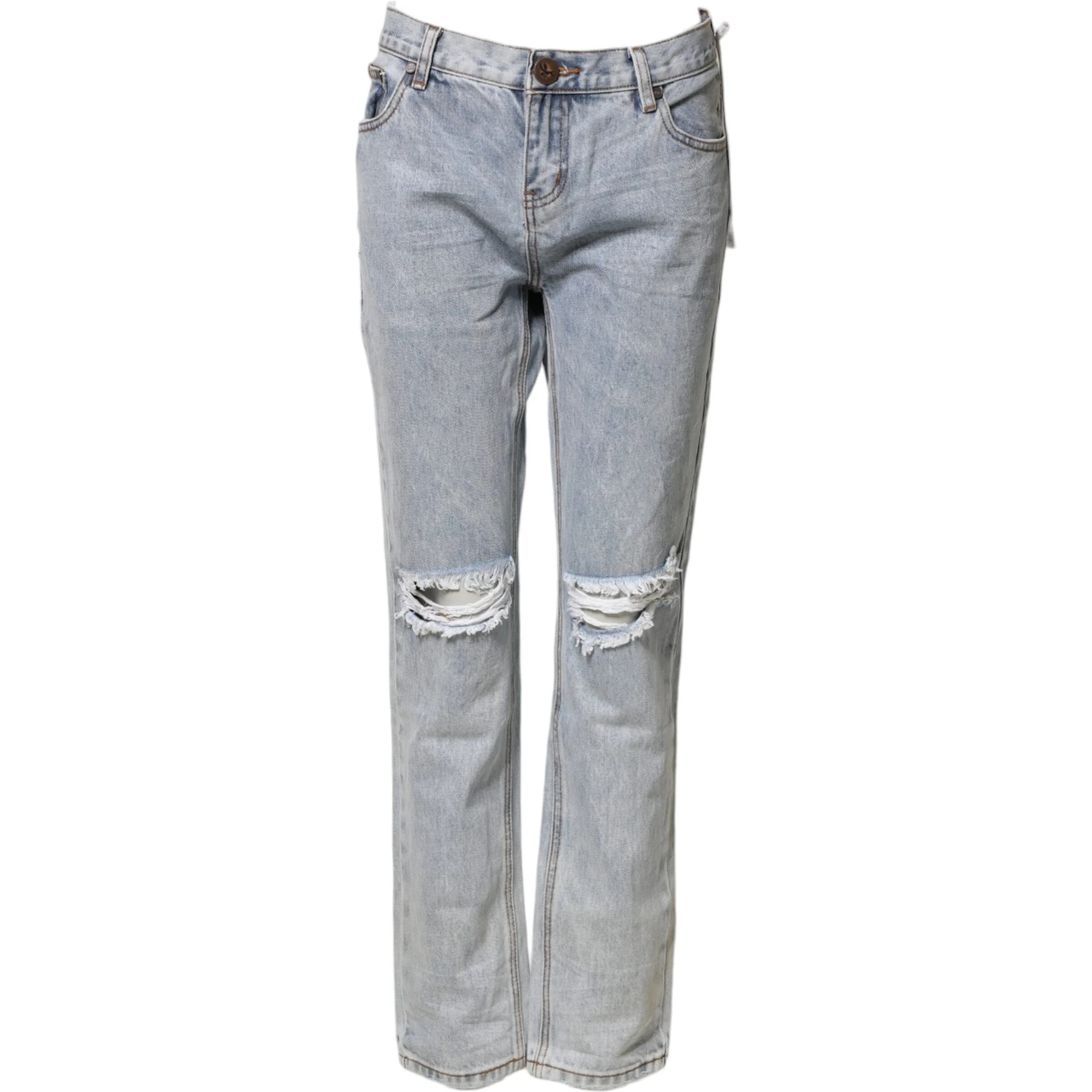 Light Blue Tattered Mid Waist Straight Denim Jeans