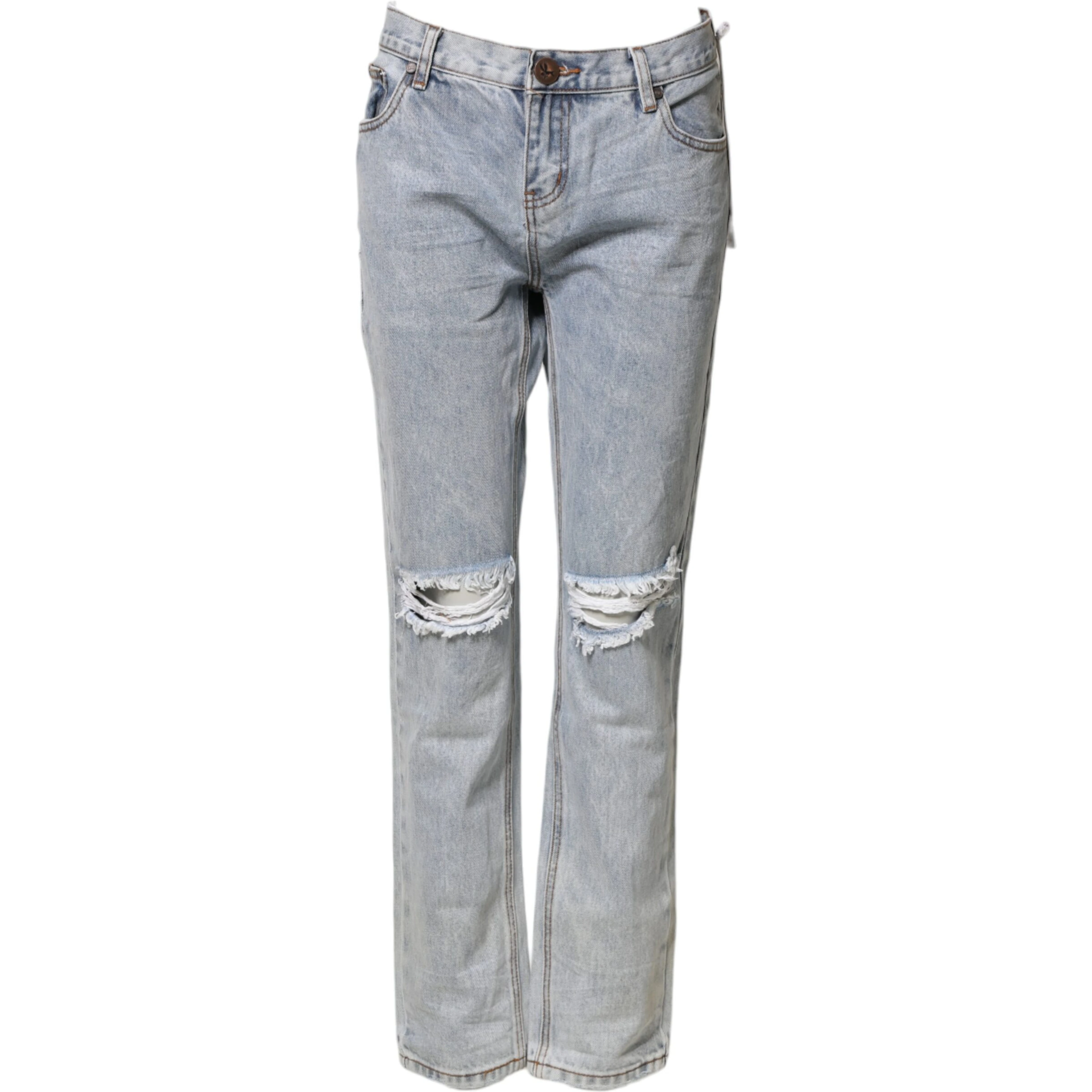 Light Blue Tattered Mid Waist Straight Denim Jeans