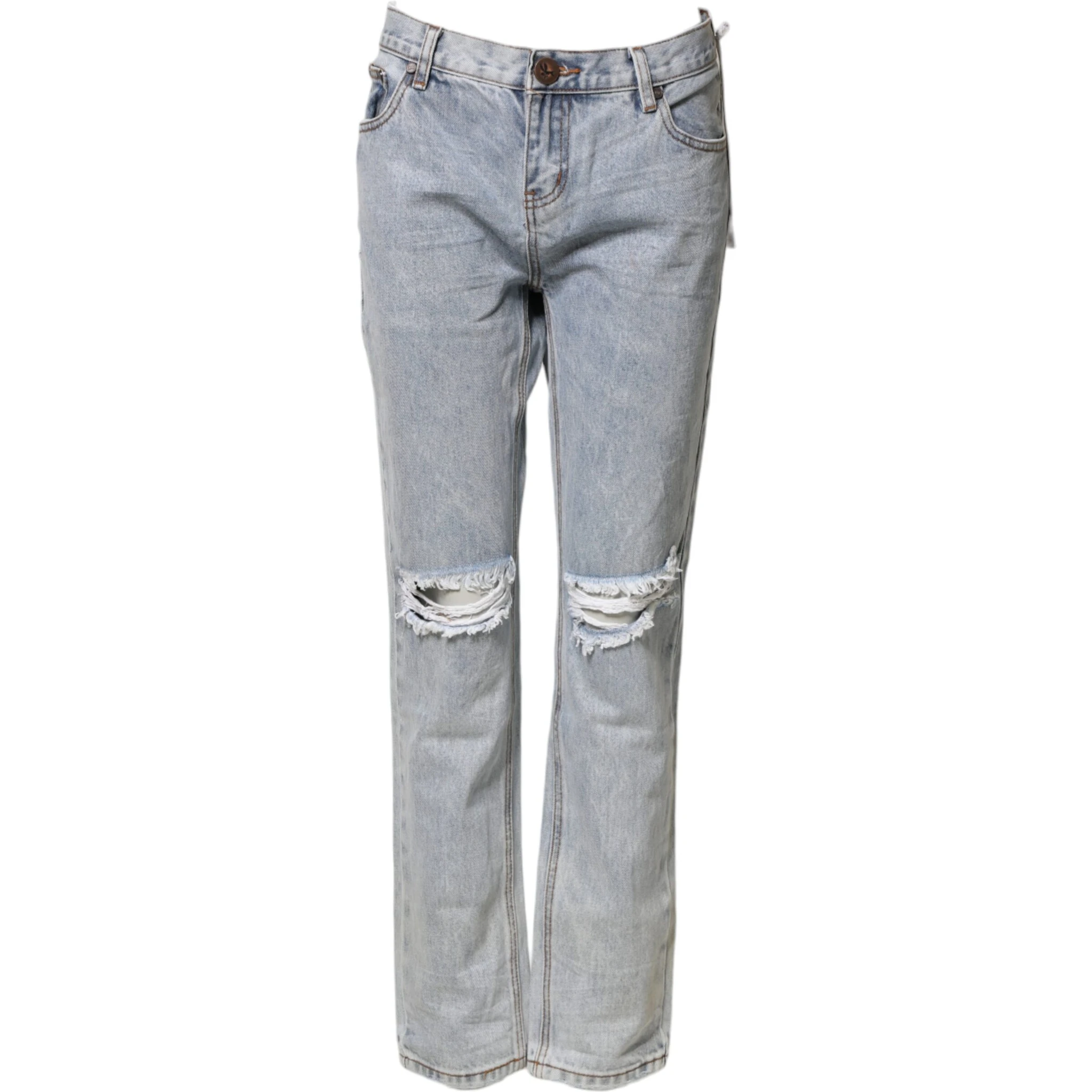 Light Blue Tattered Mid Waist Straight Denim Jeans