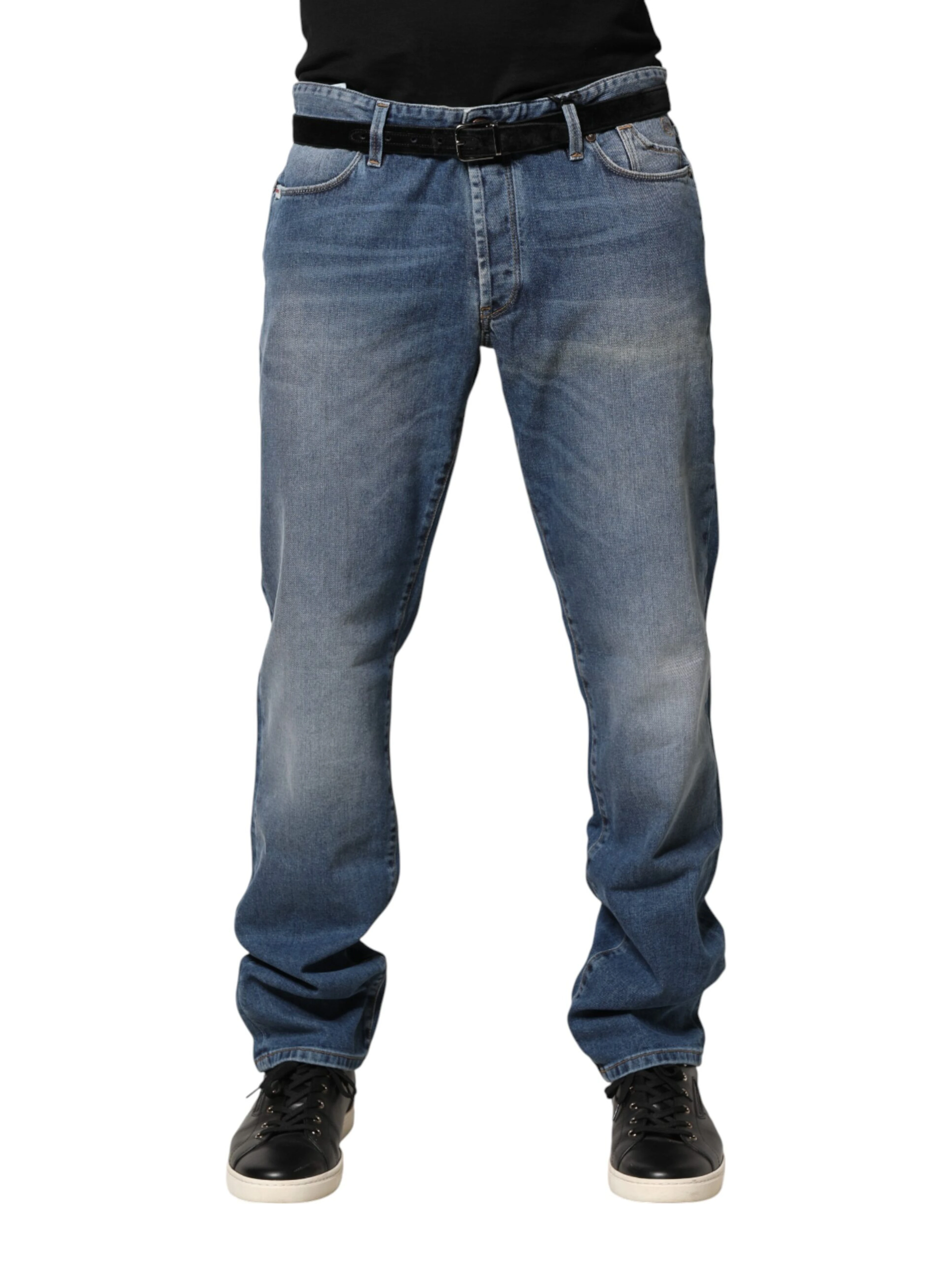 Blue Washed Mid Waist Straight Men Denim Trouser Jeans