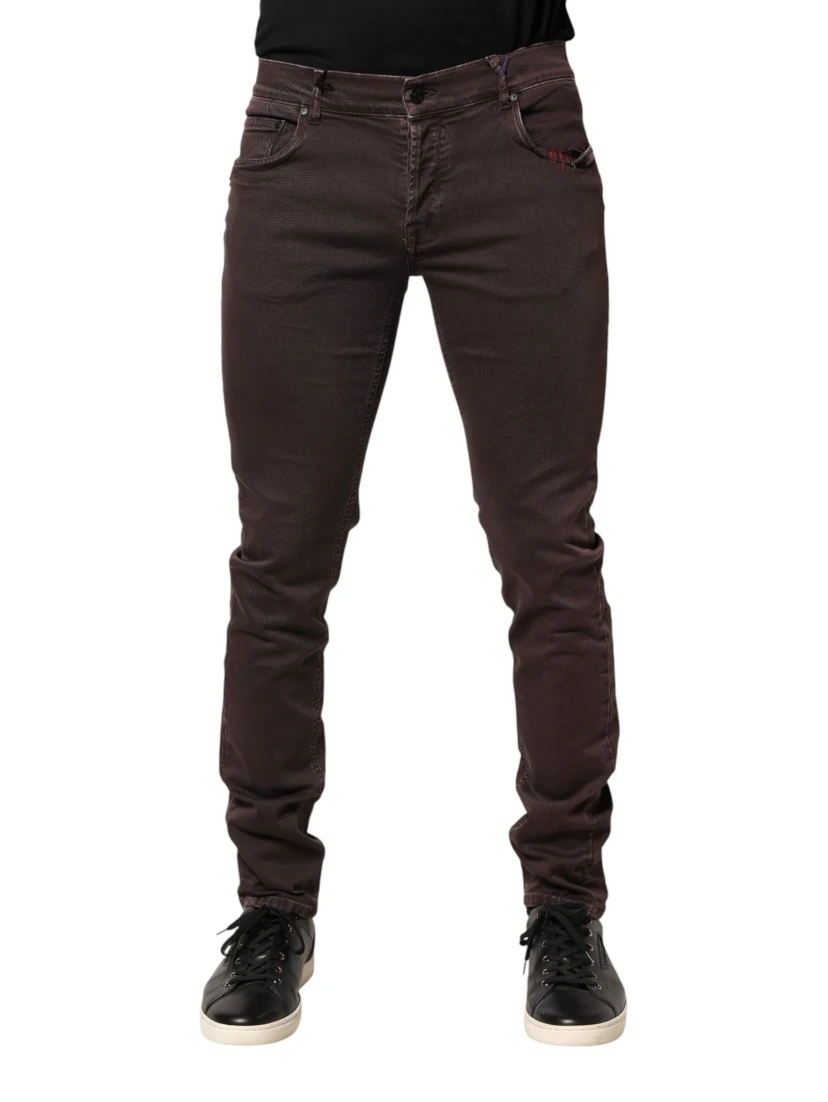 Brown Cotton Mid Waist Skinny Men Denim Jeans