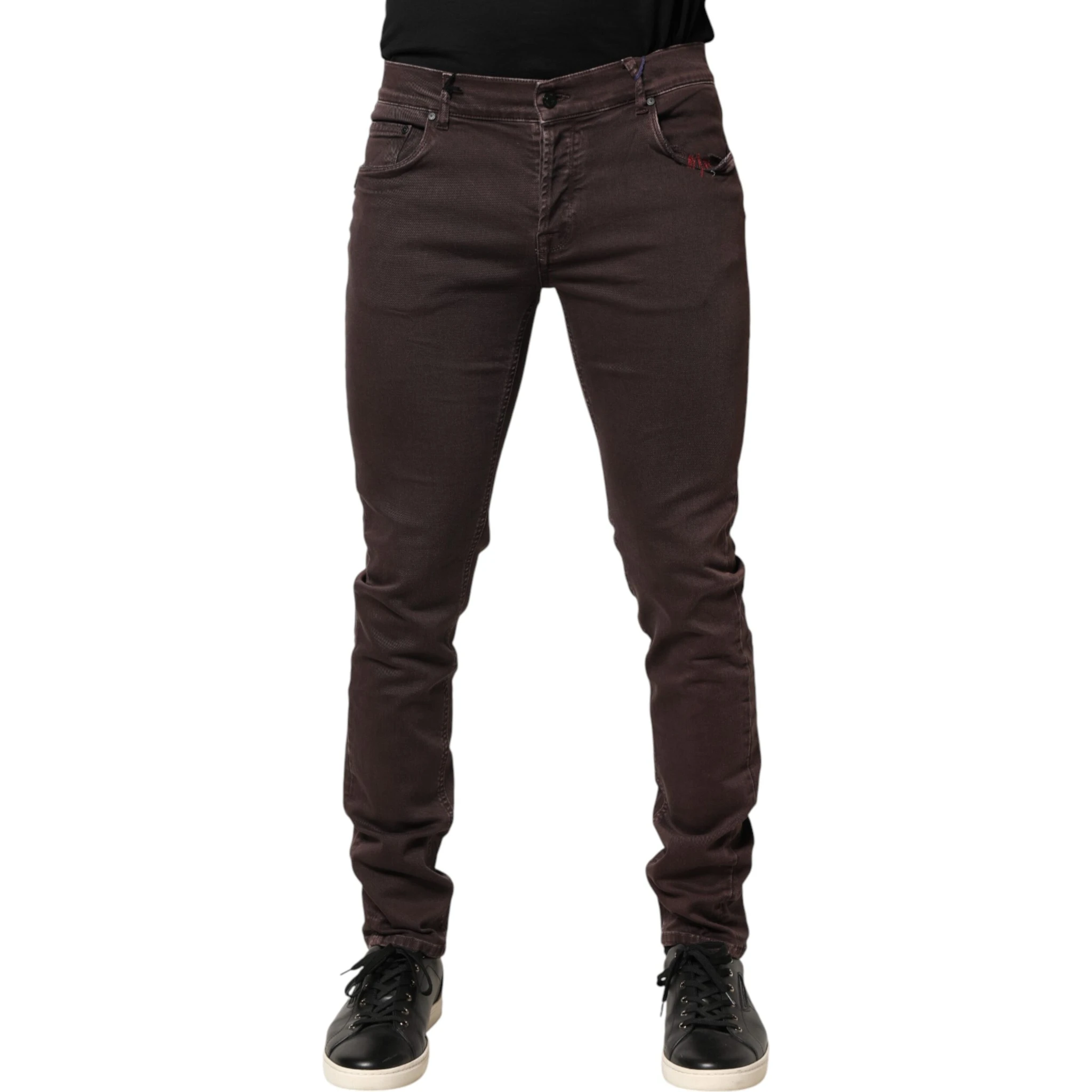 Brown Cotton Mid Waist Skinny Men Denim Jeans