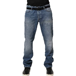 Blue Washed Mid Waist Straight Men Denim Trouser Jeans