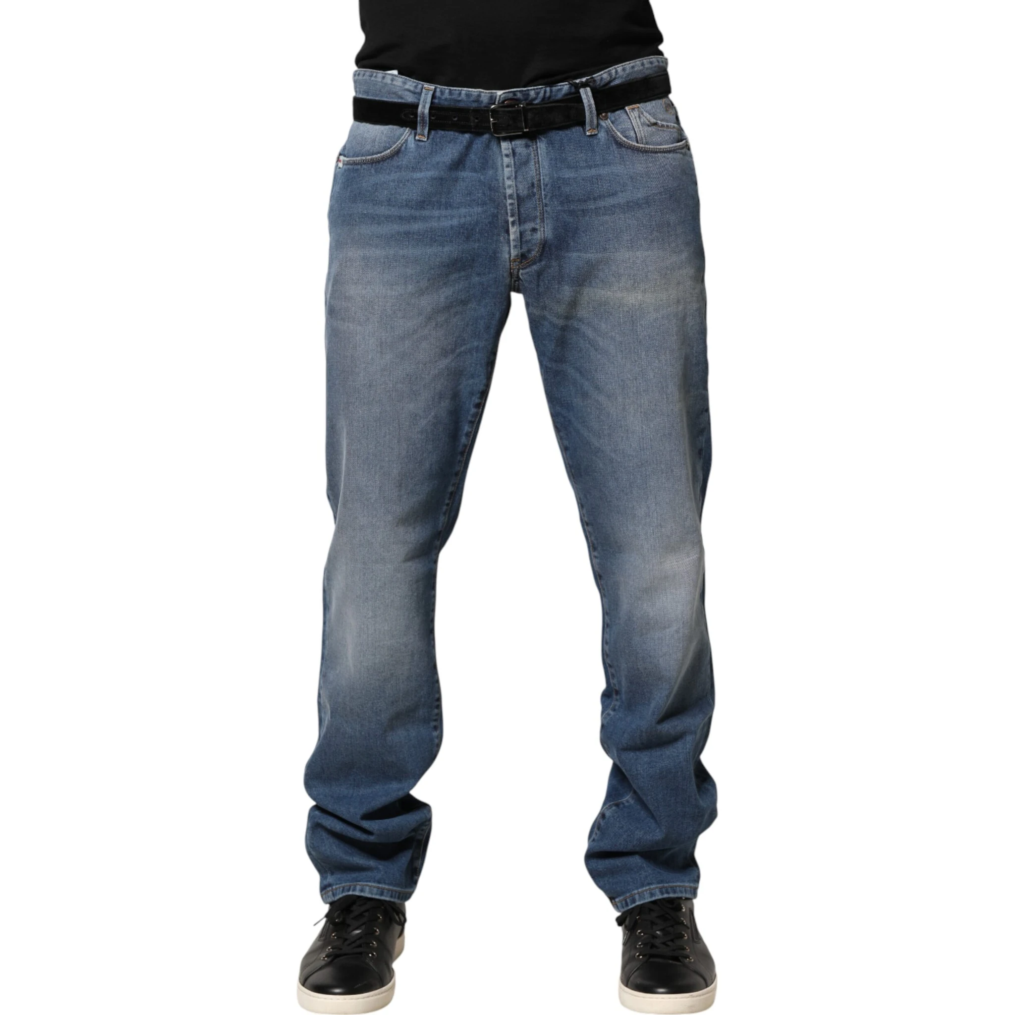 Blue Washed Mid Waist Straight Men Denim Trouser Jeans