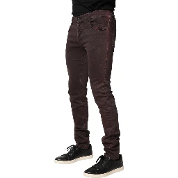 Brown Cotton Mid Waist Skinny Men Denim Jeans