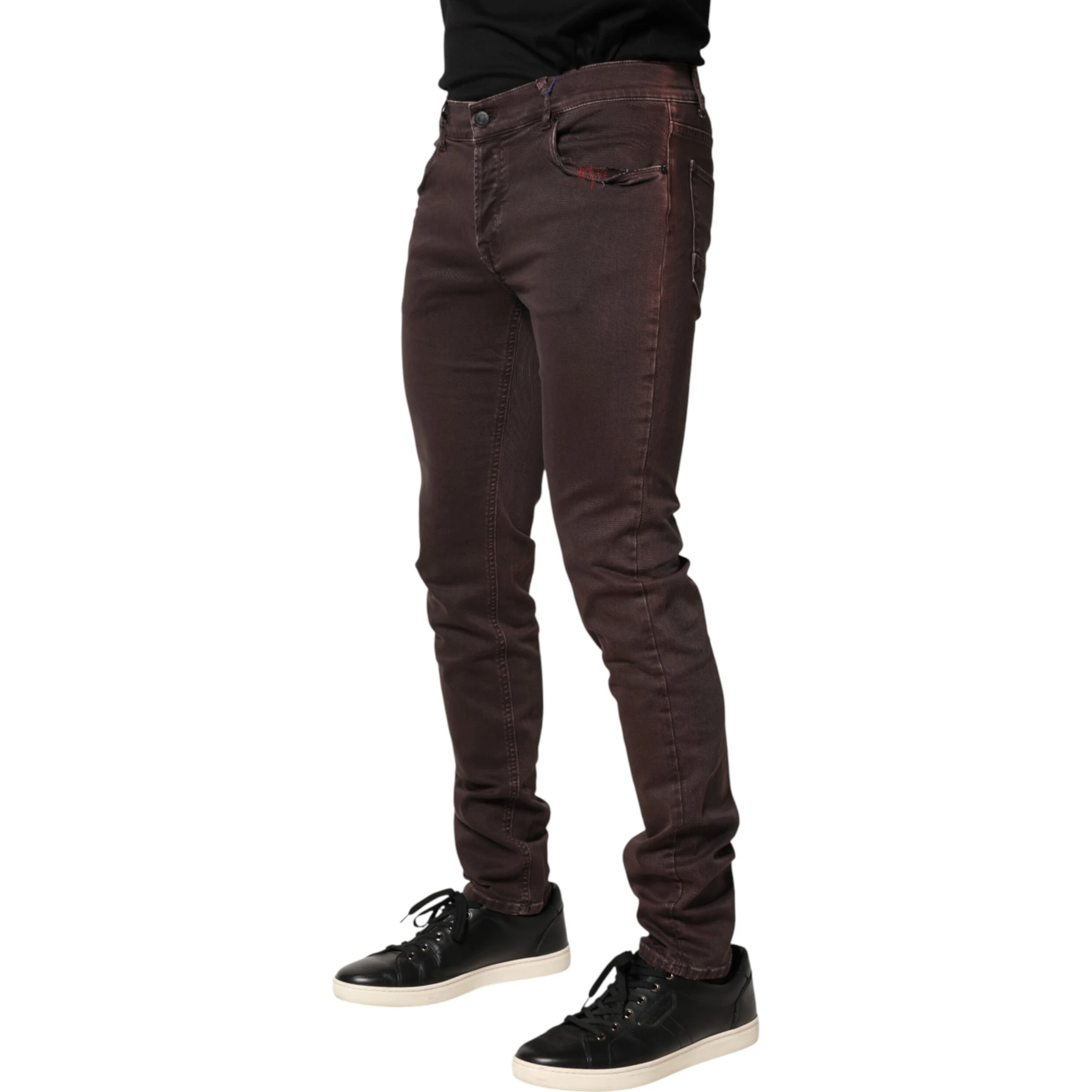 Brown Cotton Mid Waist Skinny Men Denim Jeans
