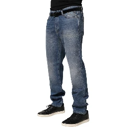 Blue Washed Mid Waist Straight Men Denim Trouser Jeans