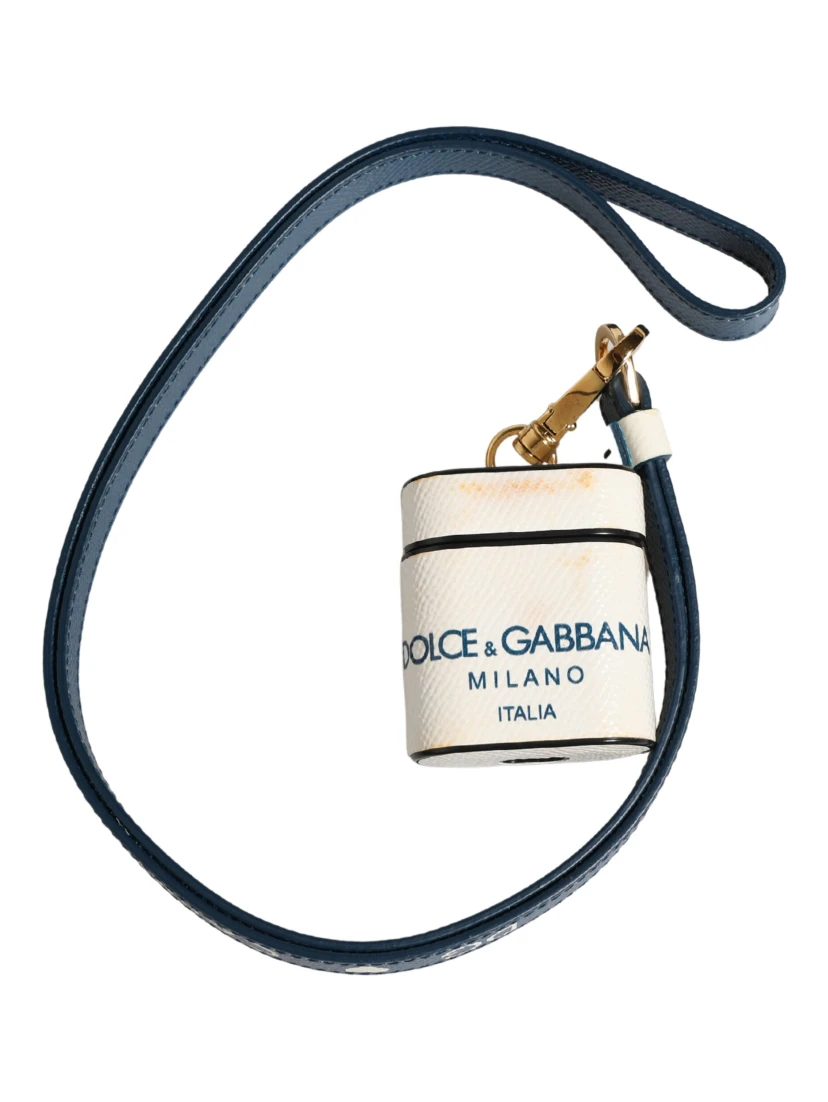 White Calf Leather Logo Flip Holder Strap Airpods Case