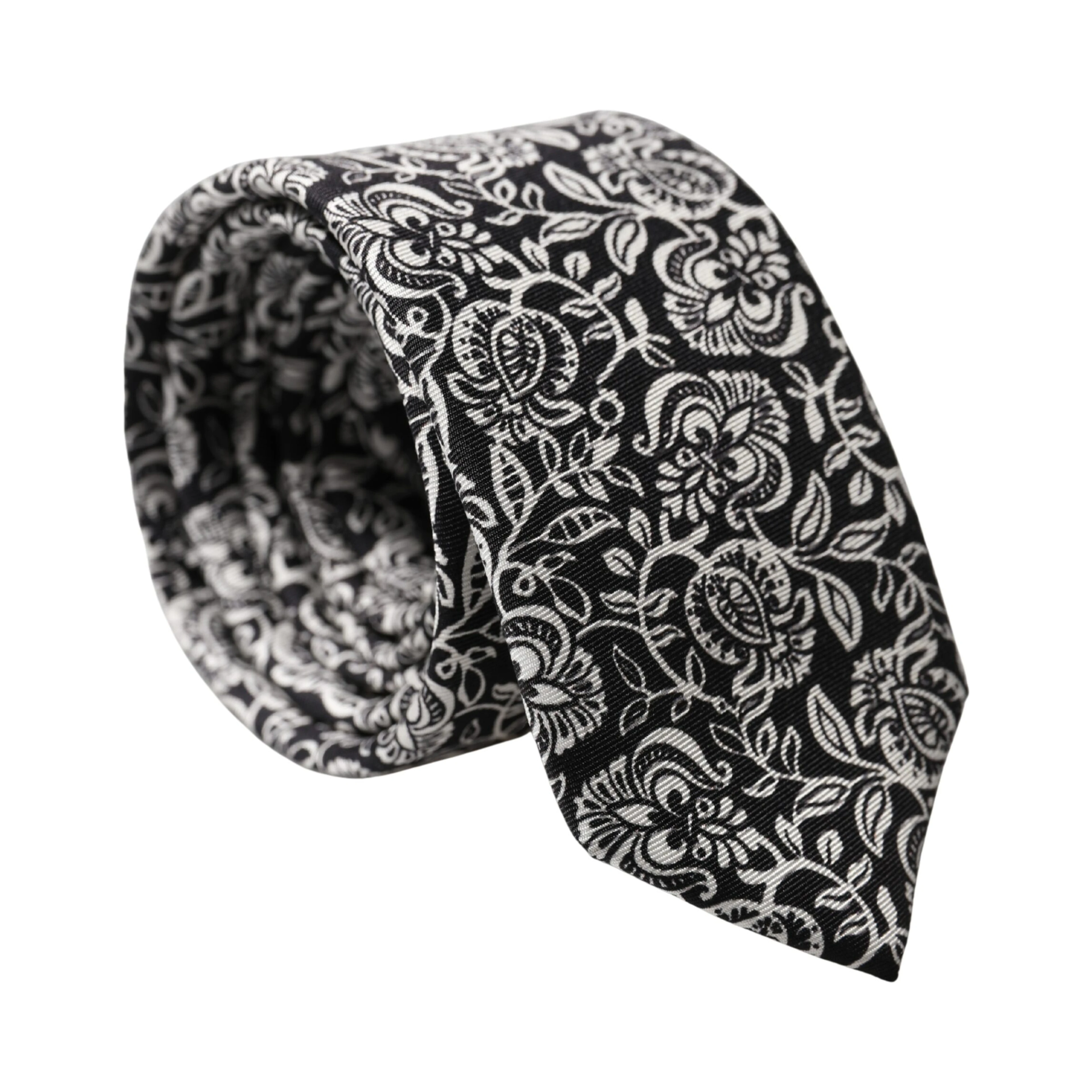 Black White Floral Fantasy Silk Adjustable Necktie Tie