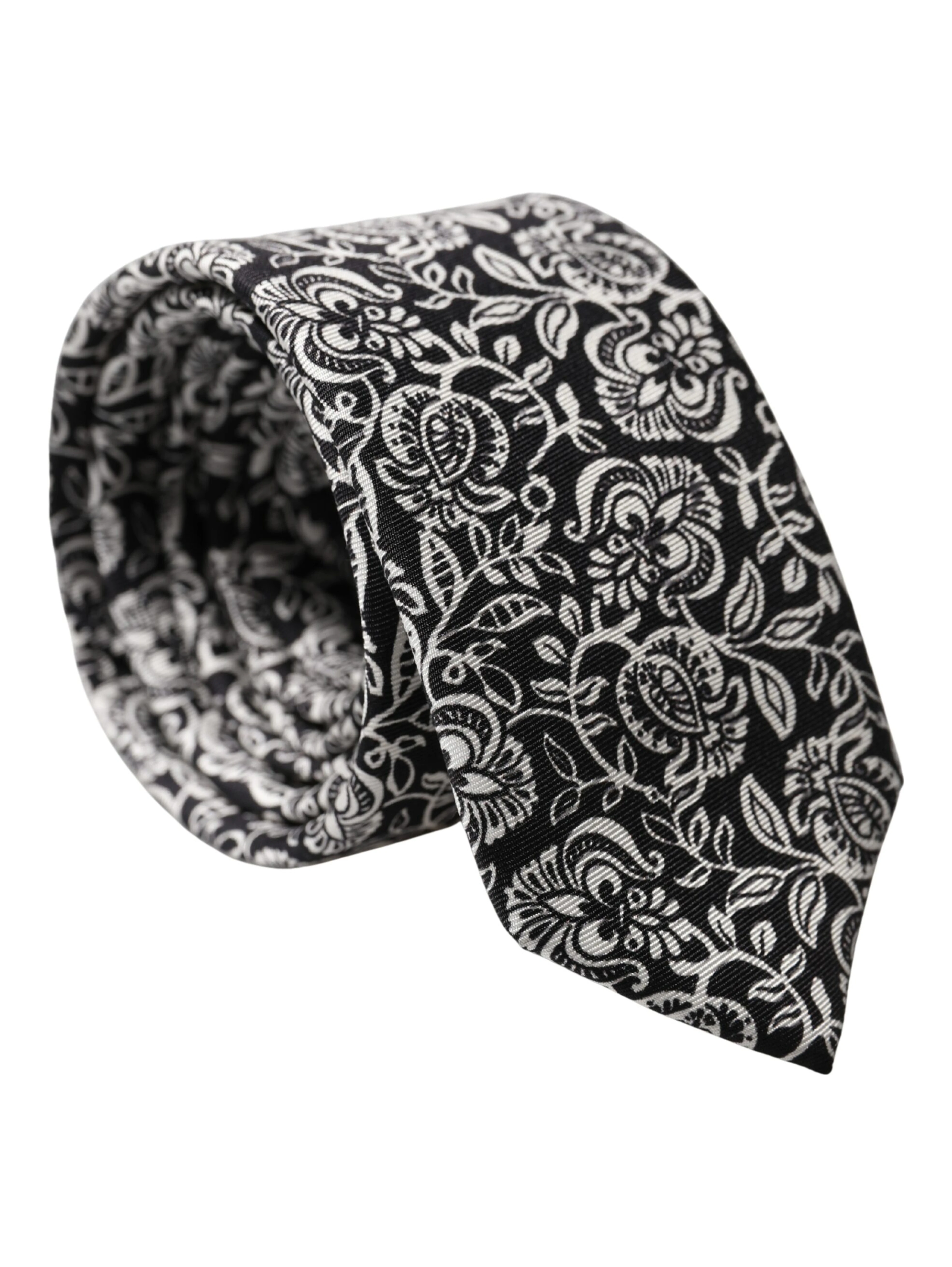 Black White Floral Fantasy Silk Adjustable Necktie Tie