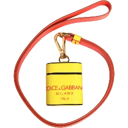 Yellow Calf Leather Logo Flip Holder Strap Airpods Case