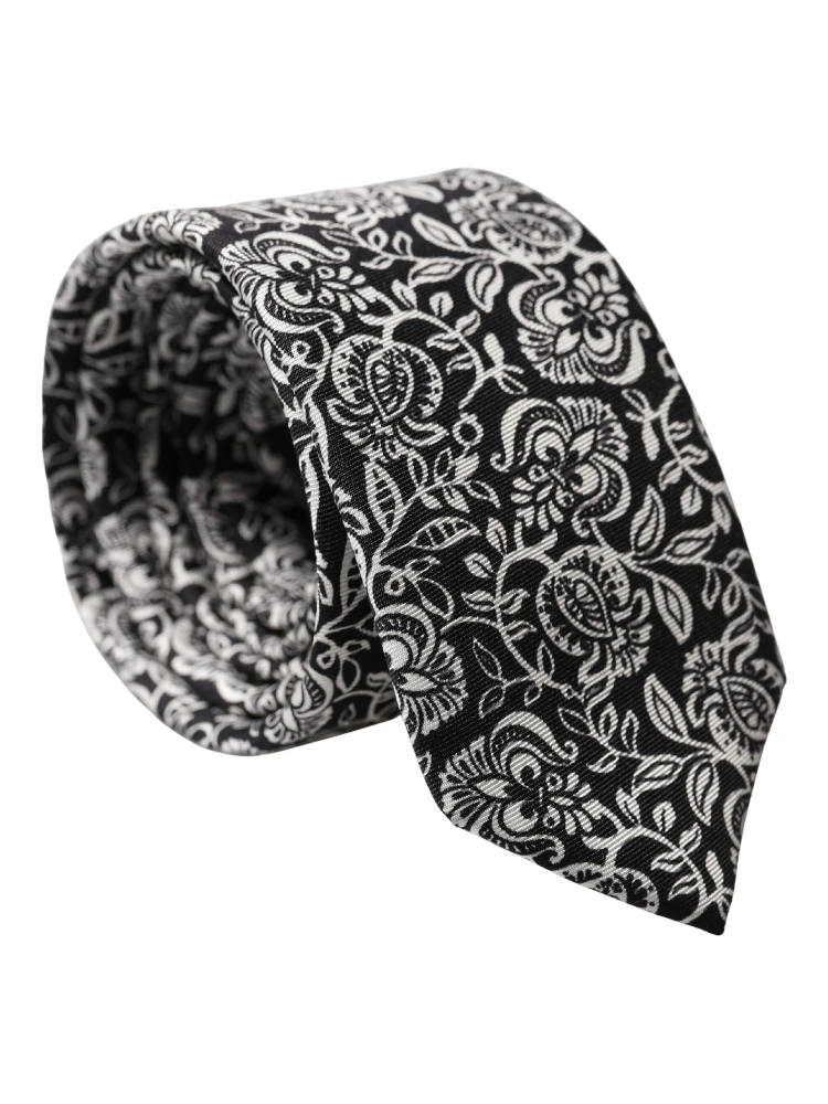 Black White Floral Fantasy Silk Adjustable Necktie Tie alternative