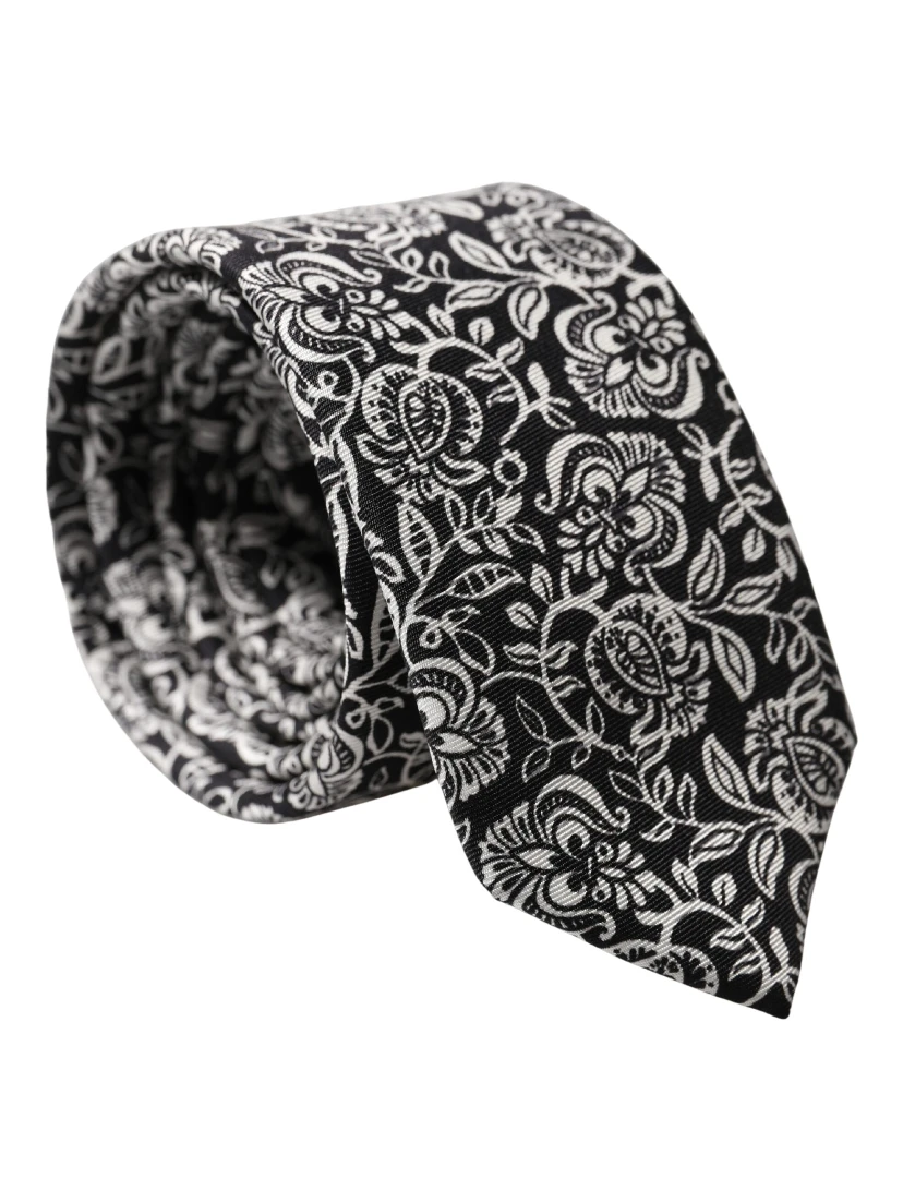 Black White Floral Fantasy Silk Adjustable Necktie Tie