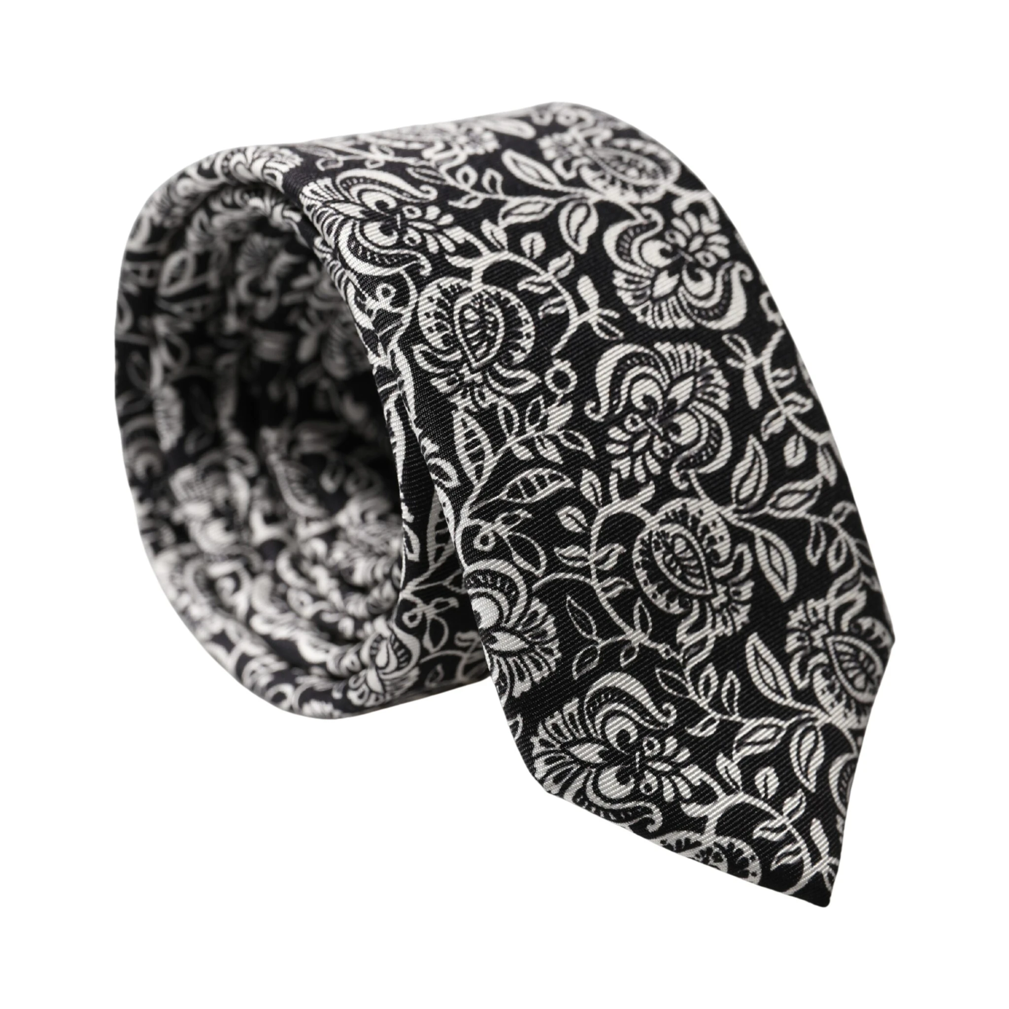 Black White Floral Fantasy Silk Adjustable Necktie Tie