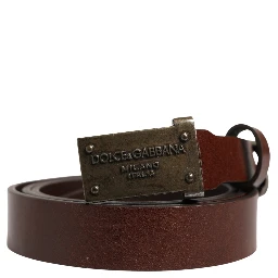 Brown Leather Logo Metal Buckle Men Belt