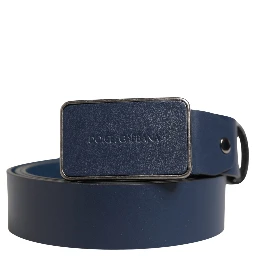Blue Leather Logo Metal Buckle Men Belt