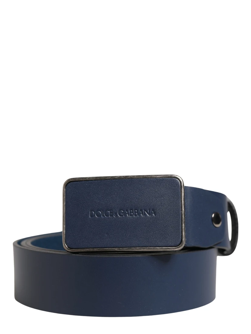 Blue Leather Logo Metal Buckle Men Belt