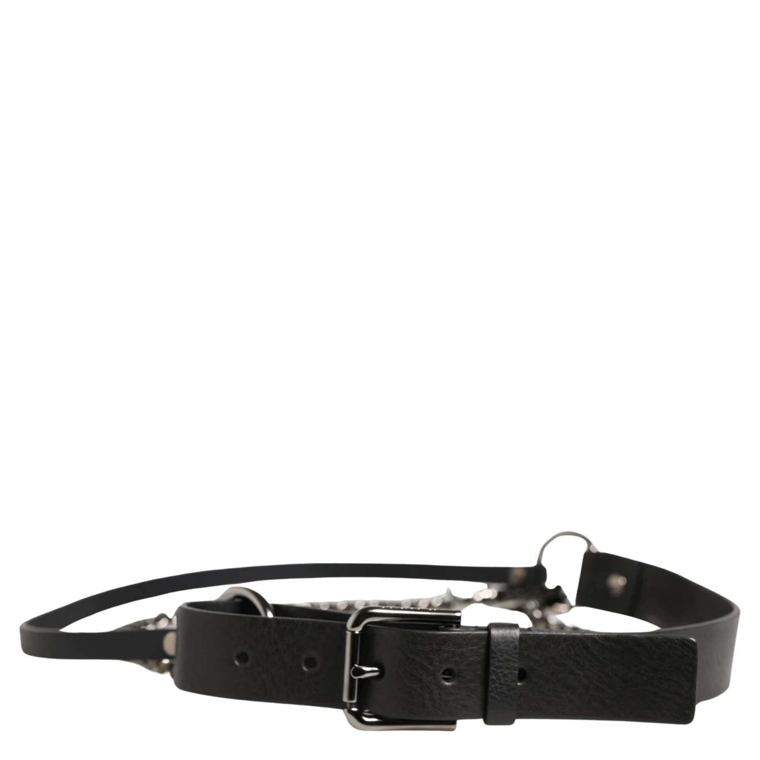 Black Leather Silver Chain Waist Men Belt