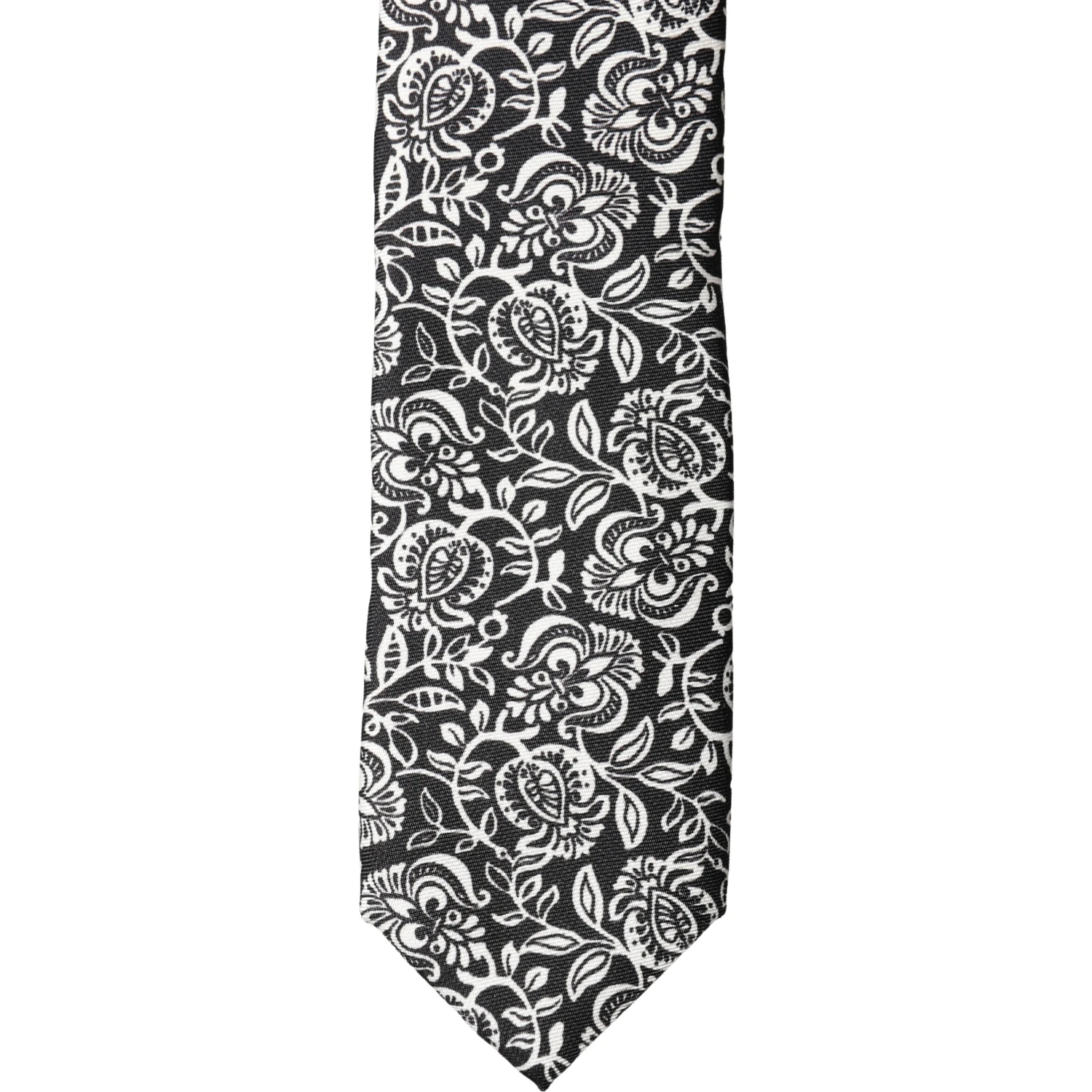 Black White Floral Fantasy Silk Adjustable Necktie Tie