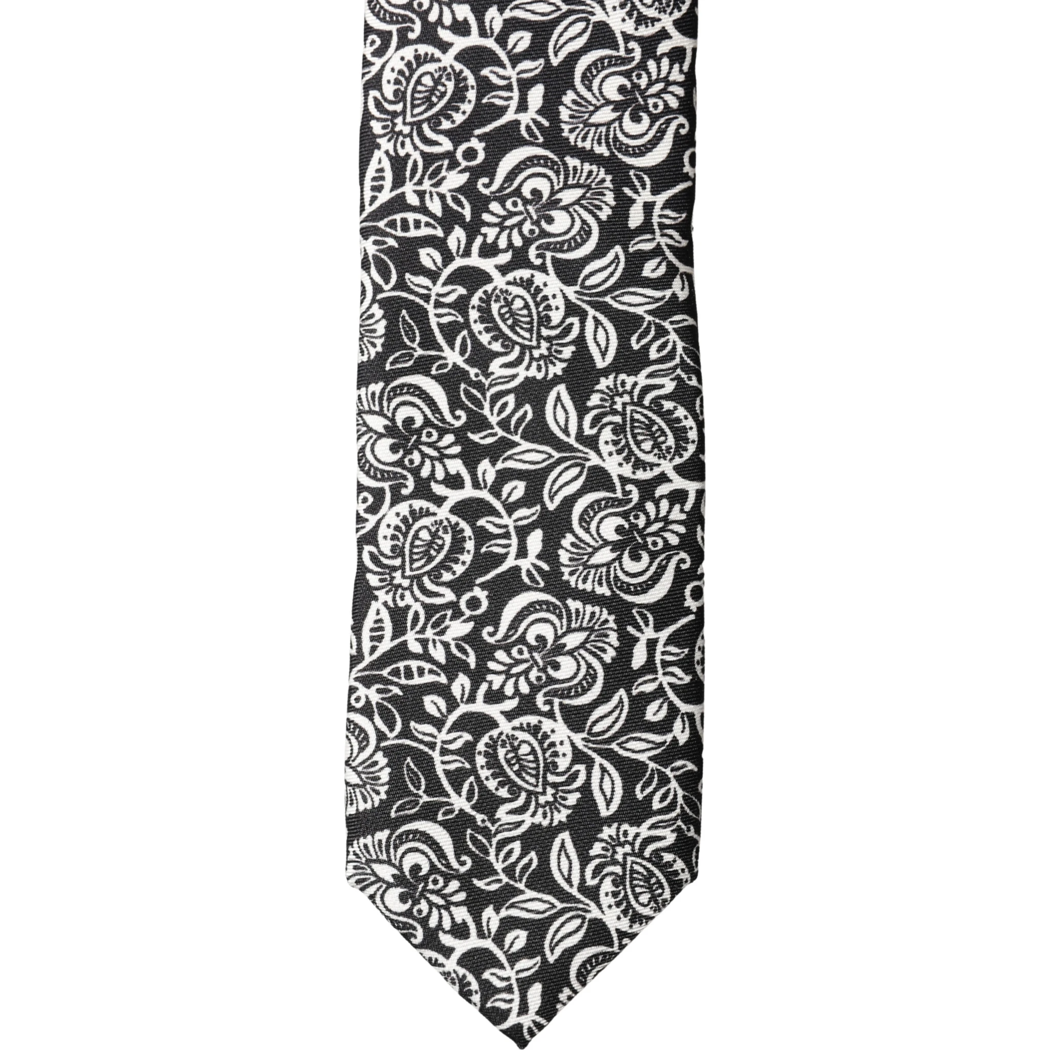 Black White Floral Fantasy Silk Adjustable Necktie Tie