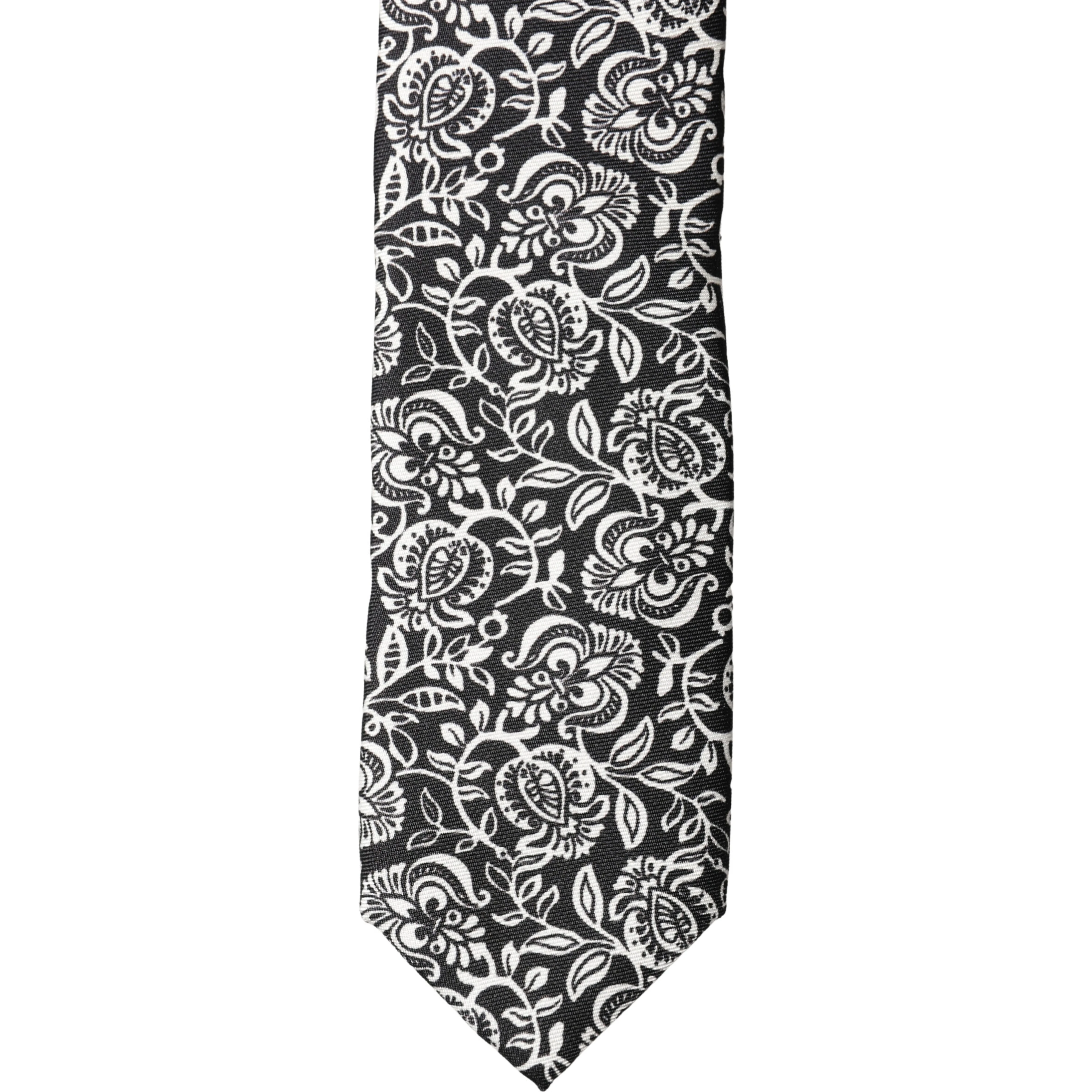 Black White Floral Fantasy Silk Adjustable Necktie Tie