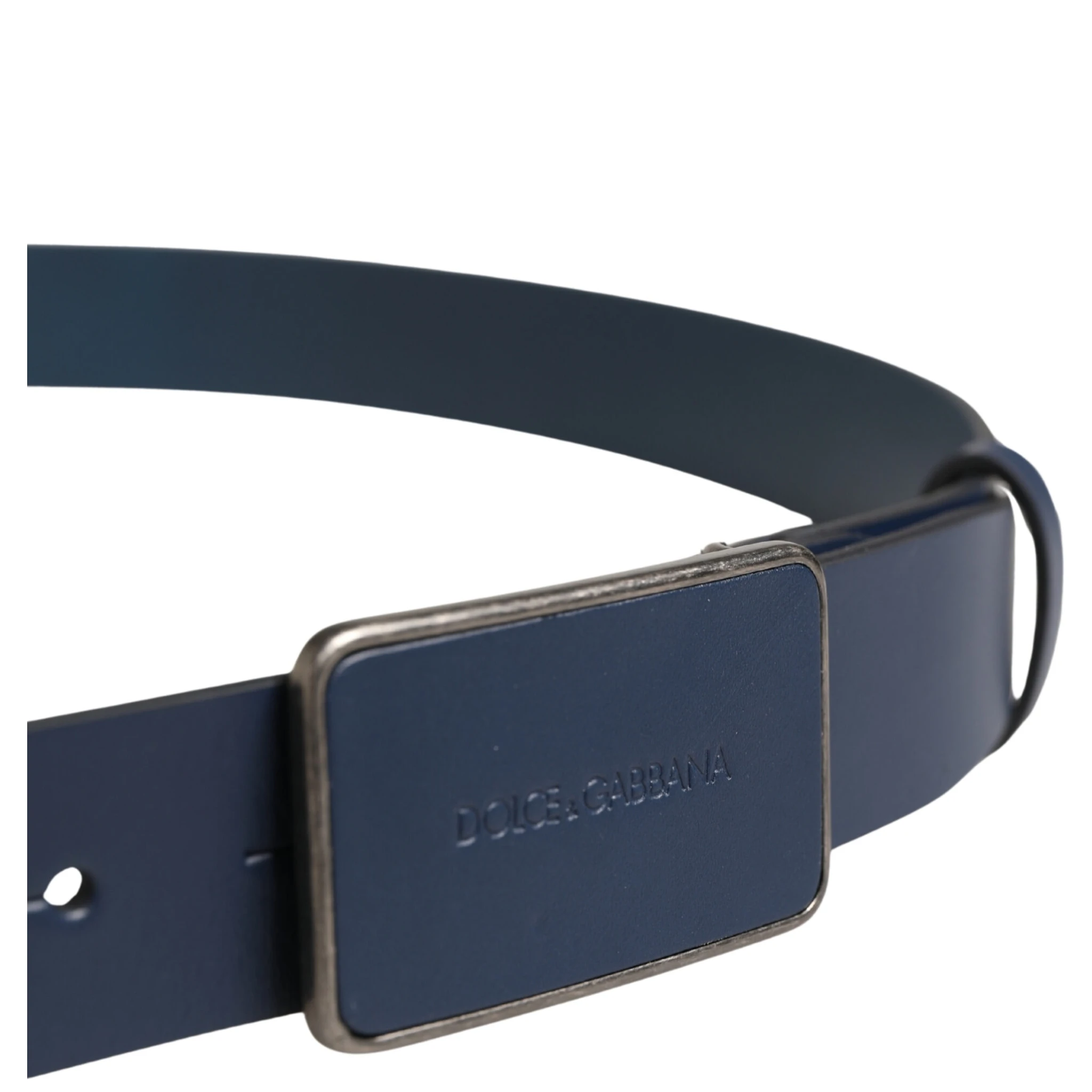 Blue Leather Logo Metal Buckle Men Belt