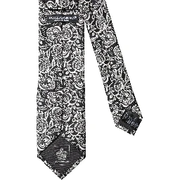 Black White Floral Fantasy Silk Adjustable Necktie Tie