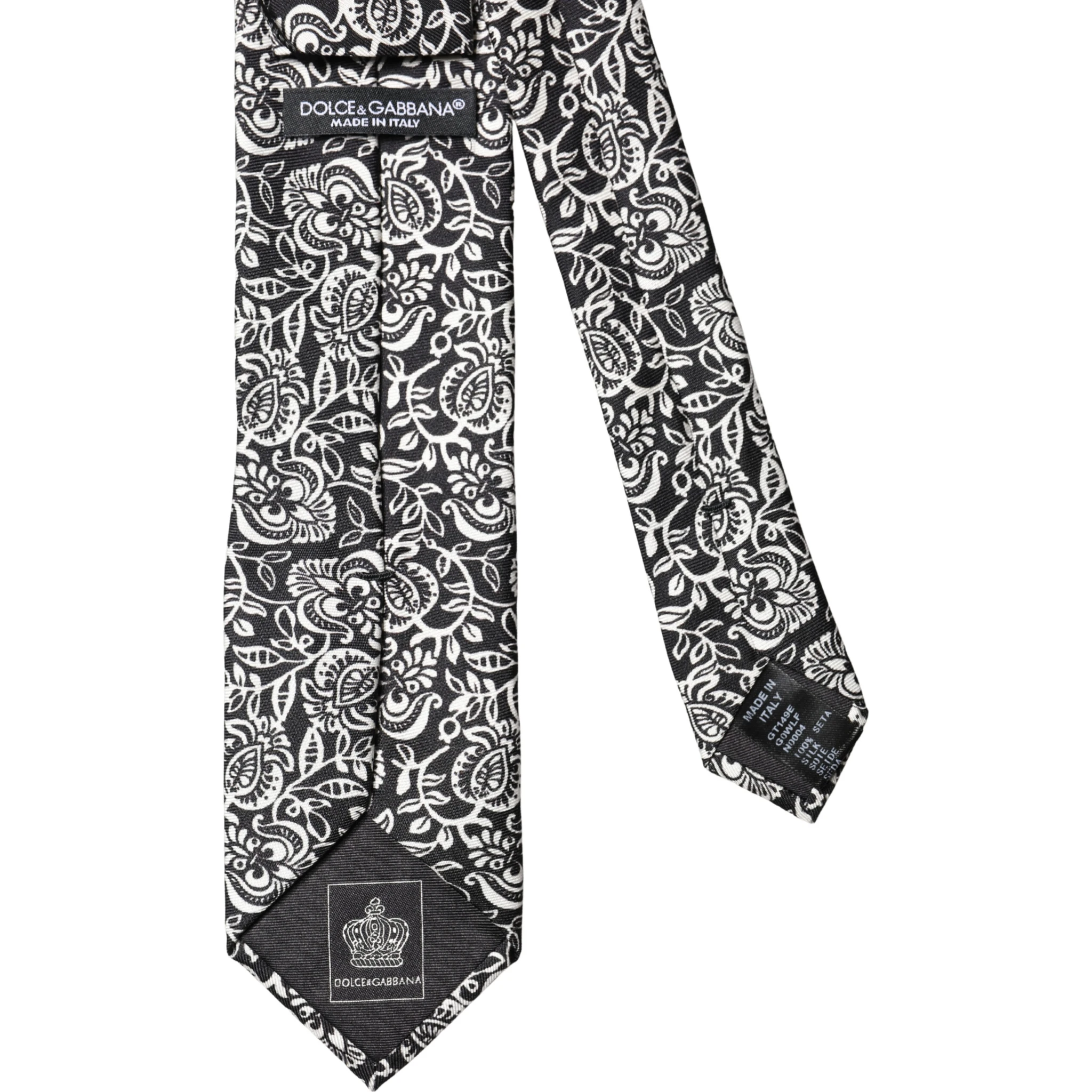 Black White Floral Fantasy Silk Adjustable Necktie Tie