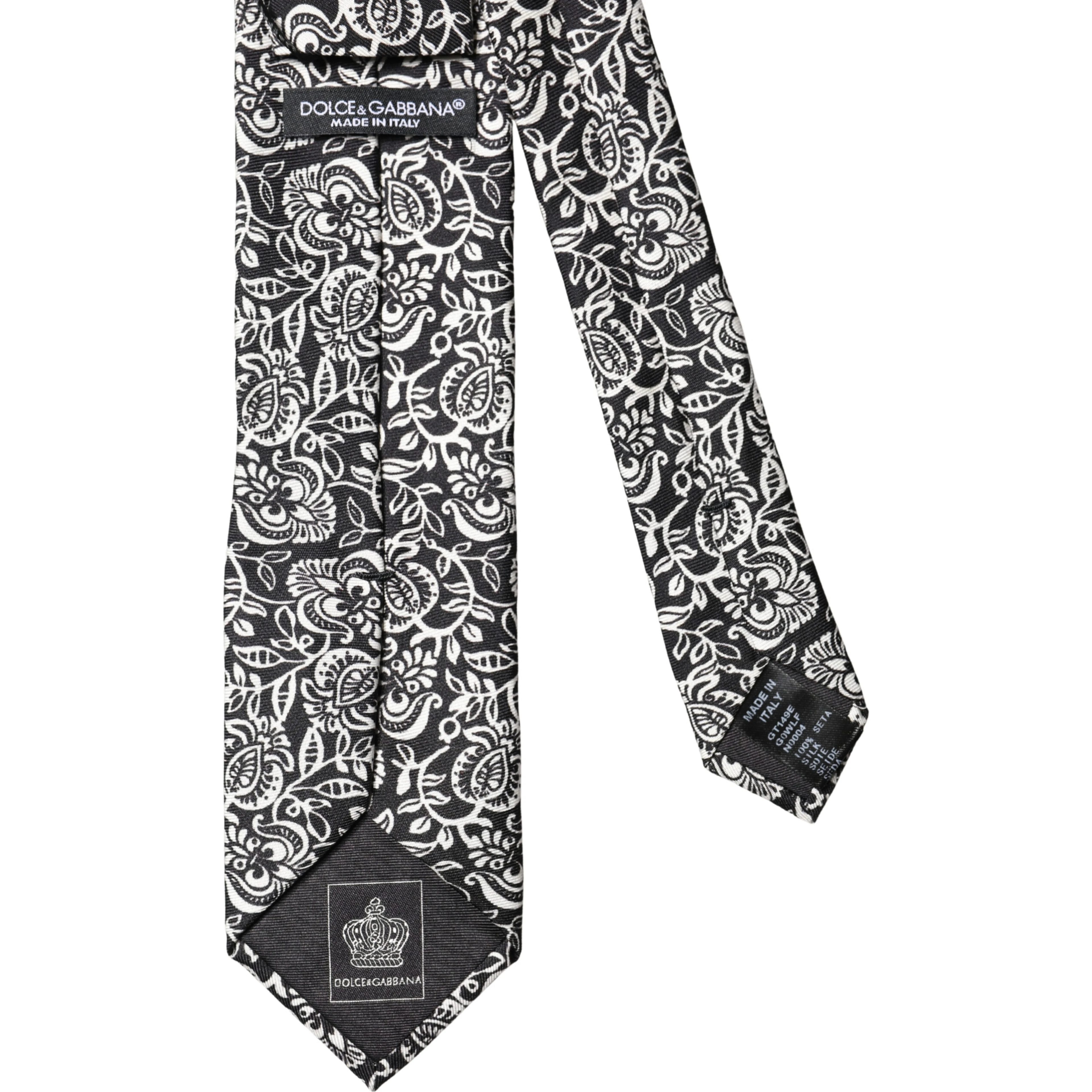 Black White Floral Fantasy Silk Adjustable Necktie Tie