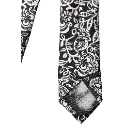 Black White Floral Fantasy Silk Adjustable Necktie Tie