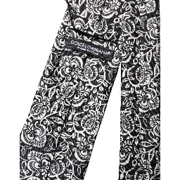 Black White Floral Fantasy Silk Adjustable Necktie Tie