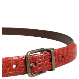 Red Leather Gold Tone Metal Buckle Men Belt
