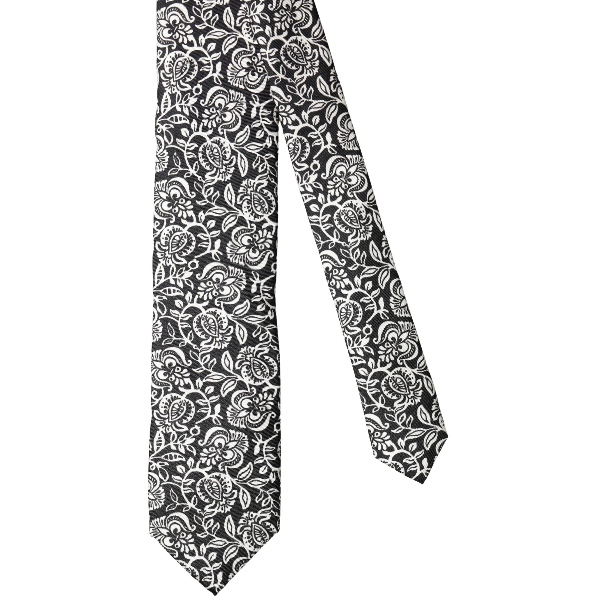 Black White Floral Fantasy Silk Adjustable Necktie Tie