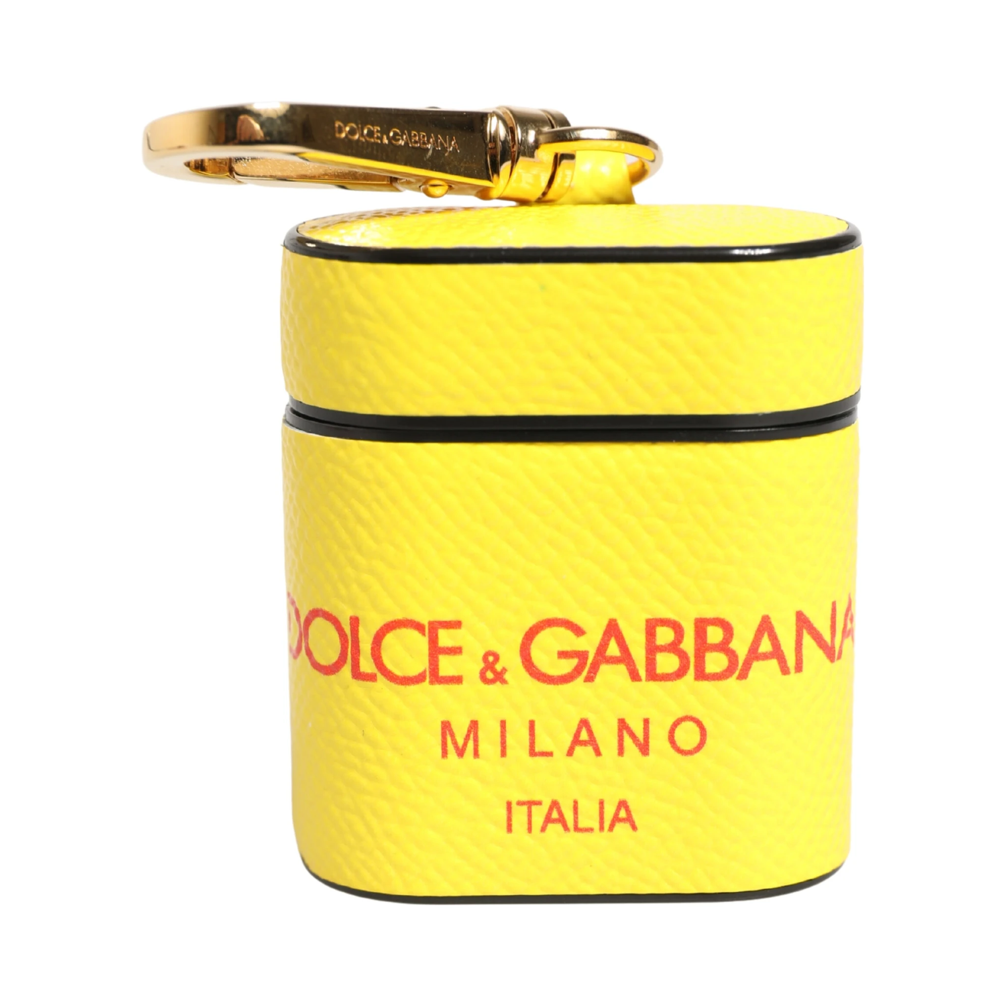 Yellow Calf Leather Logo Flip Holder Strap Airpods Case