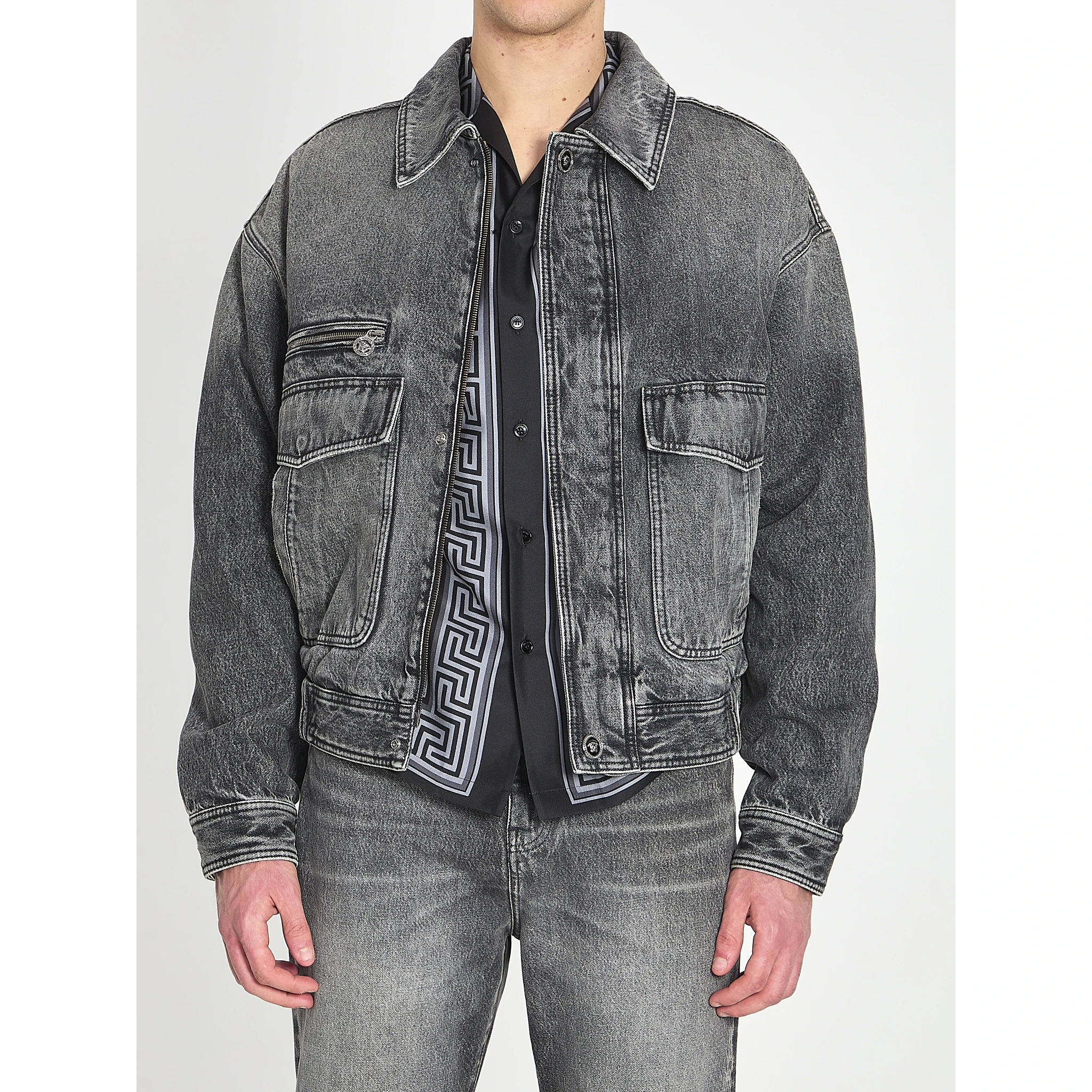 Stone-wash denim bomber jacket