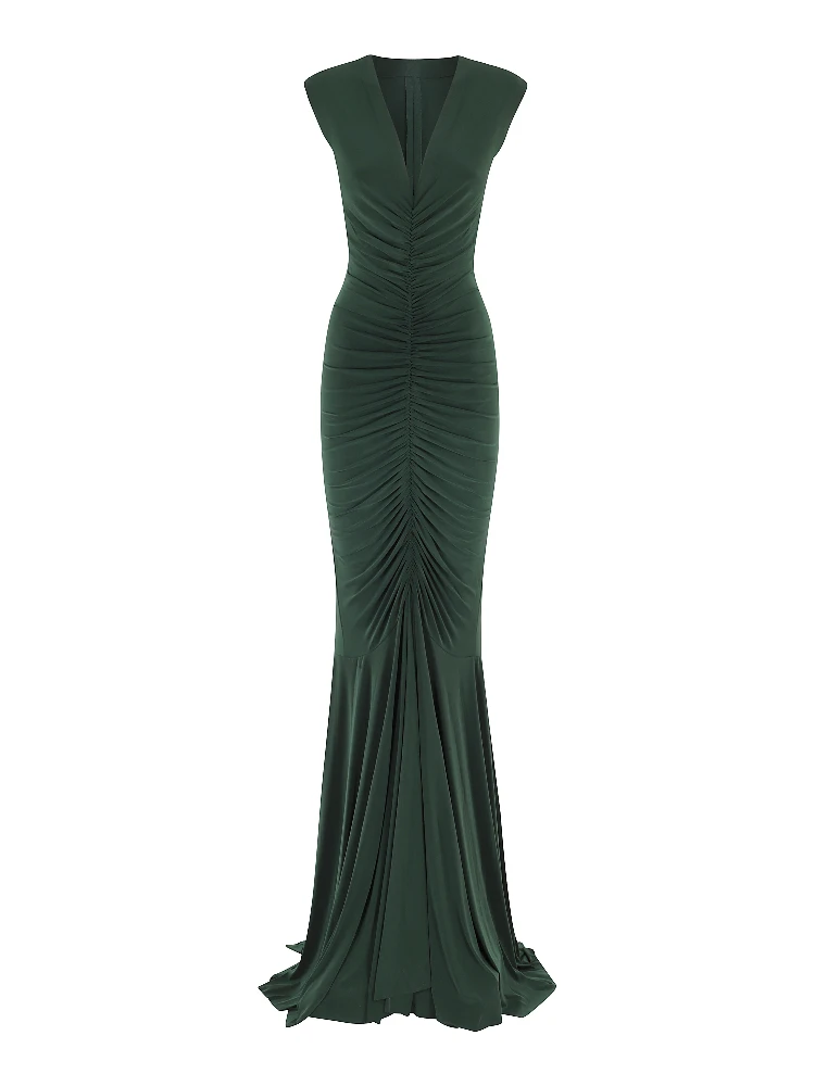 SLEEVELESS DEEP V NECK SHIRRED FRONT FISHATIL GOWN