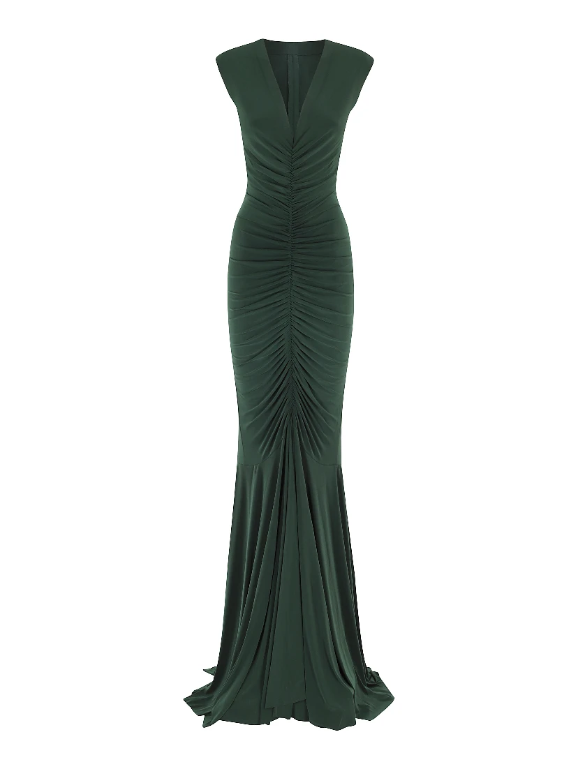 SLEEVELESS DEEP V NECK SHIRRED FRONT FISHATIL GOWN