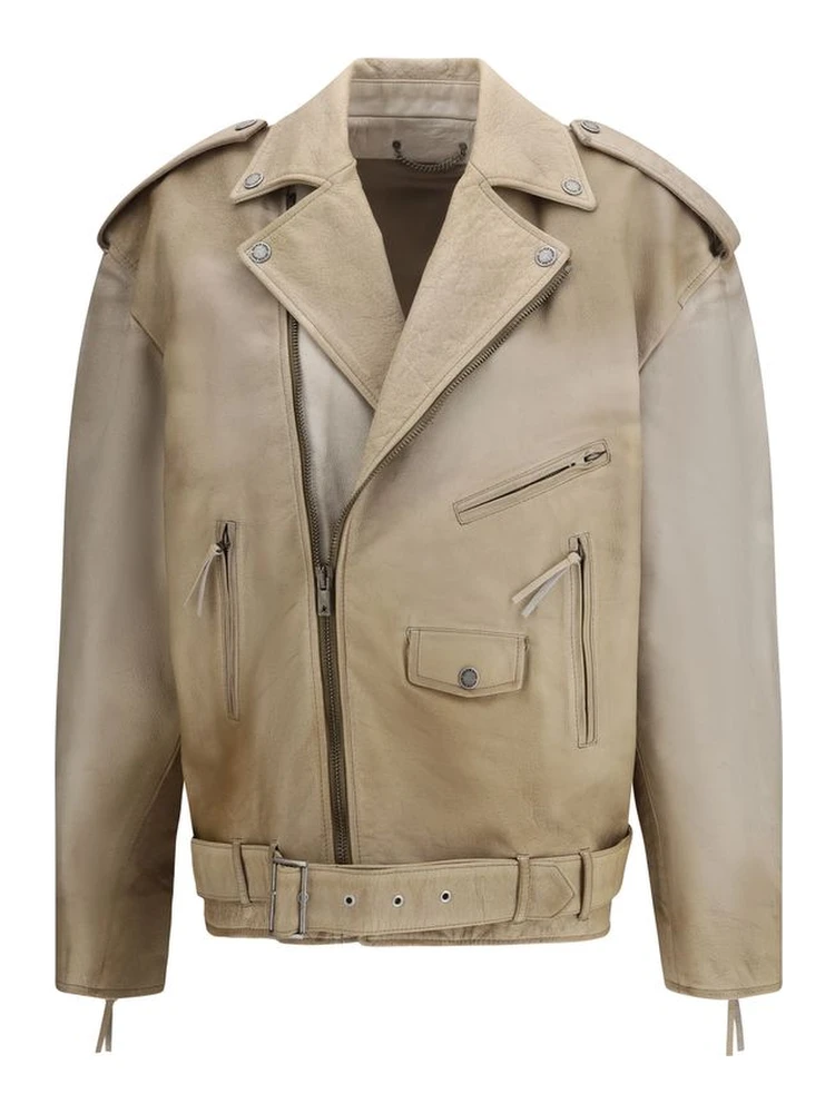 Beige Buffalo Leather Biker Jacket