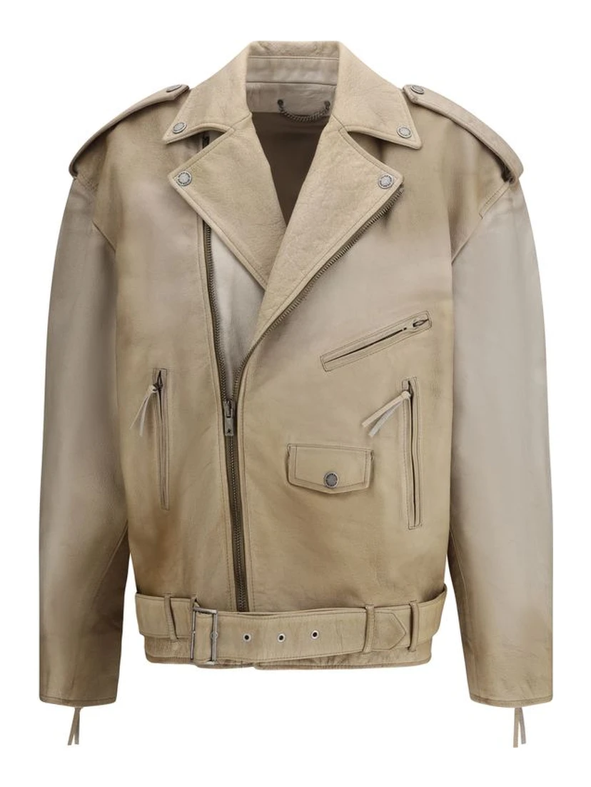 Beige Buffalo Leather Biker Jacket