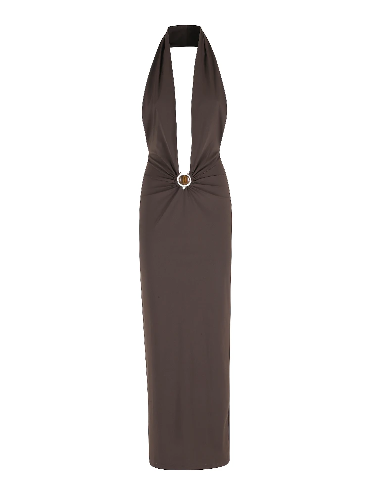 MINERAL STONE RUCHED HALTER LYCRA DRESS